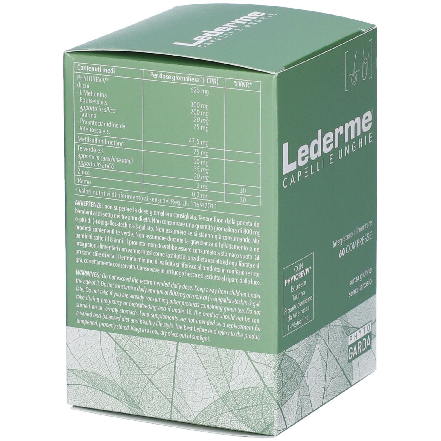 Scatola verde Lederme Capelli e Unghie, 60 compresse. Ingredienti e informazioni nutrizionali. Marchio Phyto Garda.