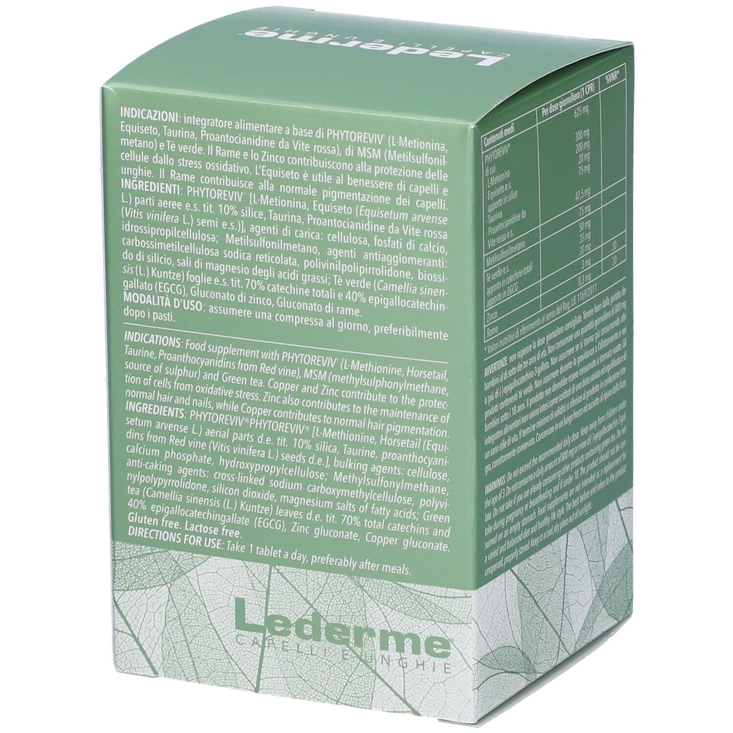 Retro della scatola Lederme Capelli e Unghie. Ingredienti e istruzioni per l'uso. Marchio Phyto Garda.