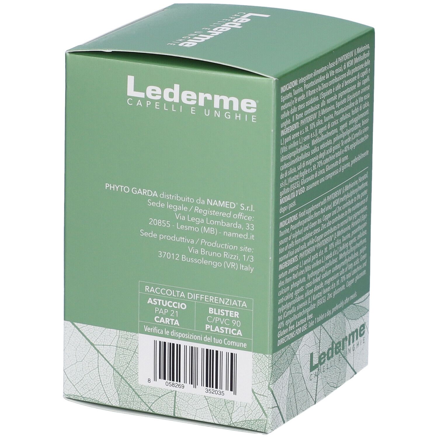 Scatola Lederme Capelli e Unghie. Informazioni produttore e riciclo. Marchio Phyto Garda.