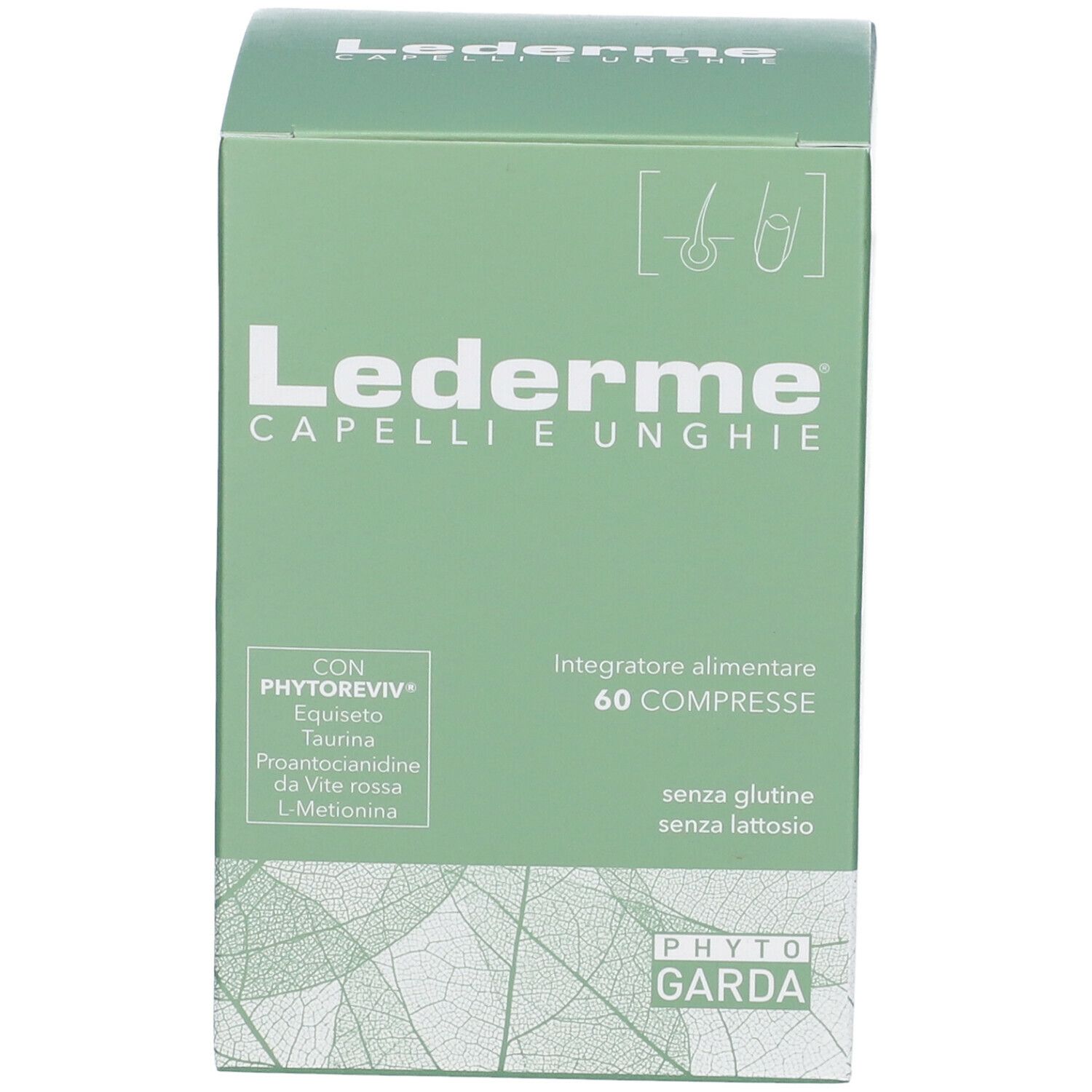 Scatola verde Lederme Capelli e Unghie, 60 compresse. Senza glutine e lattosio. Marchio Phyto Garda. Ingredienti.