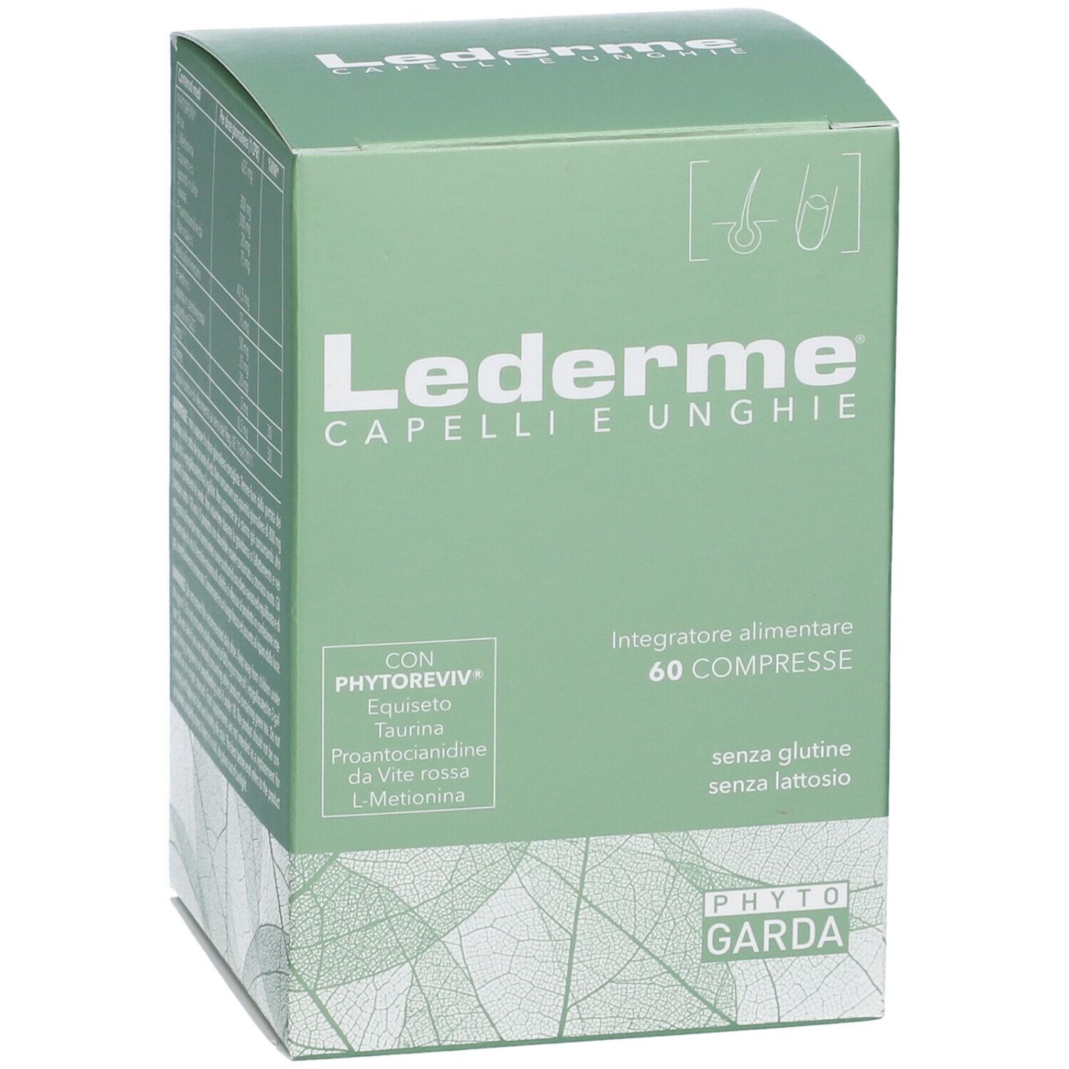 Scatola verde Lederme Capelli e Unghie, 60 compresse. Senza glutine e lattosio. Marchio Phyto Garda. Ingredienti.