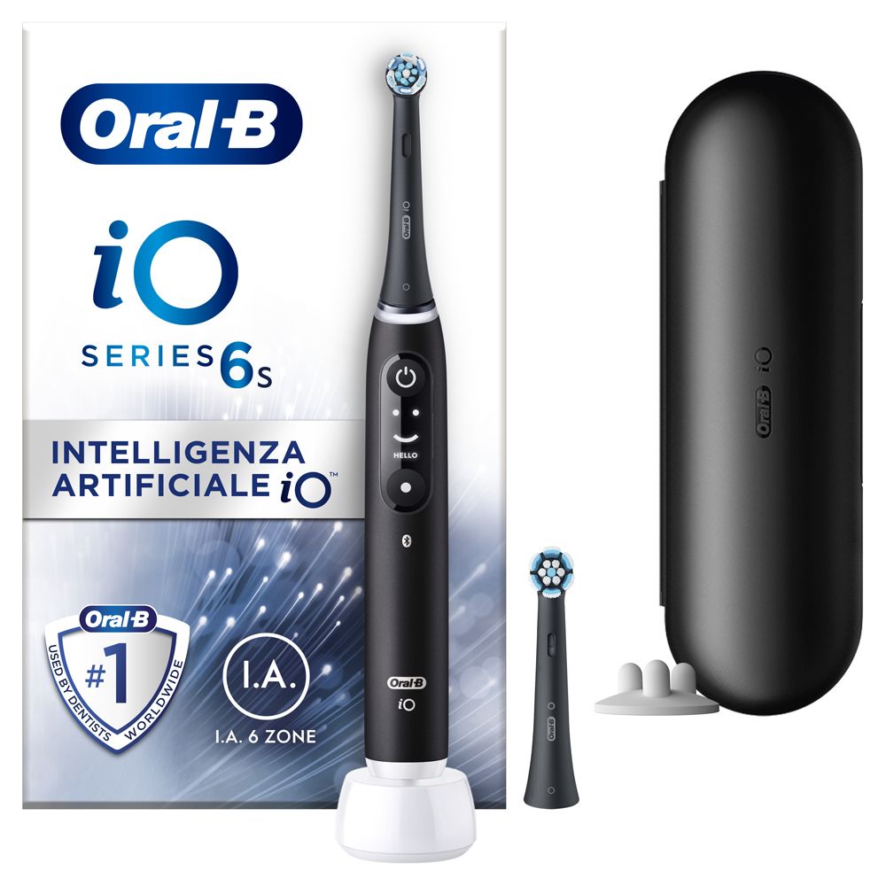 Schwarze elektrische Zahnbürste mit Ladestation, zwei Bürstenköpfen und Reiseetui. Oral-B iO Series 6s.