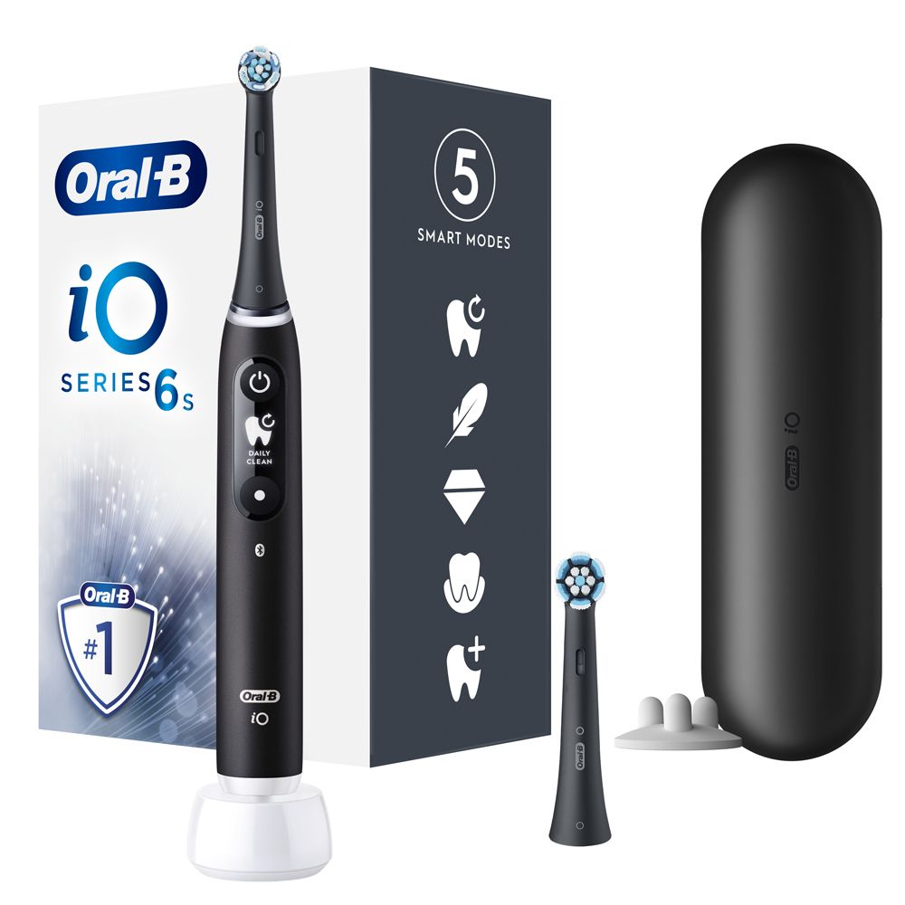 Schwarze elektrische Zahnbürste mit 5 Modi, Ladestation und Reiseetui. Oral-B iO Series 6s.