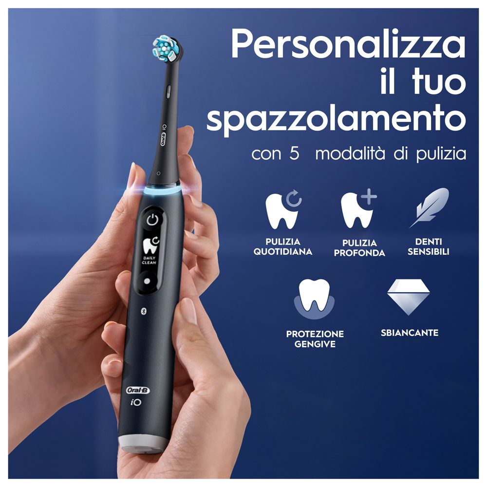Schwarze elektrische Zahnbürste mit 5 Modi. Zahnfleischschutz, Aufhellung, tägliche Reinigung, Tiefenreinigung.