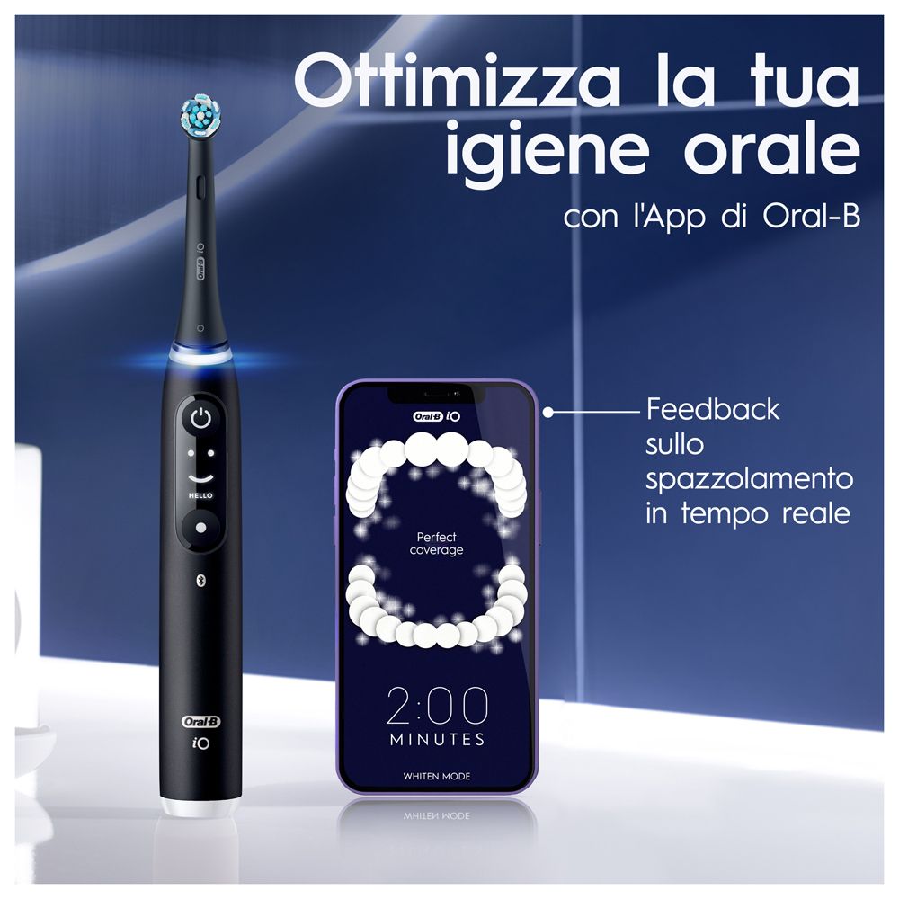 Schwarze elektrische Zahnbürste und Smartphone. Echtzeit-Feedback zur Putztechnik. Oral-B App.