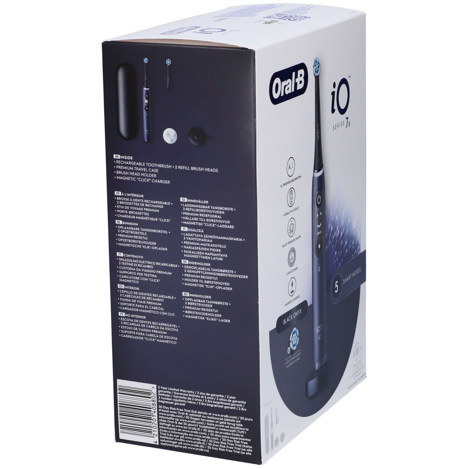 Confezione con spazzolino. Retro con informazioni sul prodotto. Marchio Oral-B iO Series 7s. Colore Onyx nero. Con caricatore.