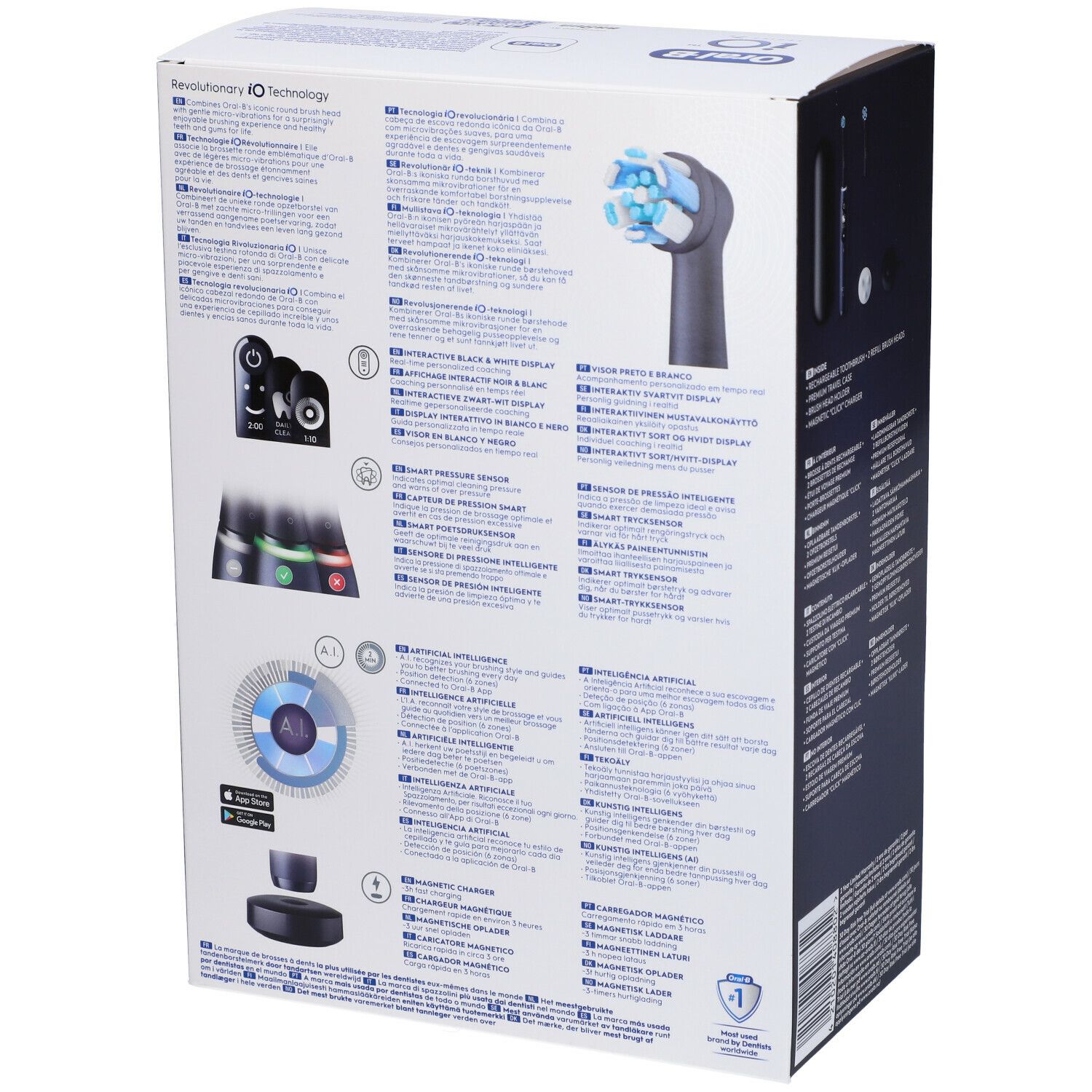 Confezione con informazioni sul prodotto. Marchio Oral-B iO Series 7s. Tecnologia iO rivoluzionaria. Sensore di pressione smart. Con caricatore.