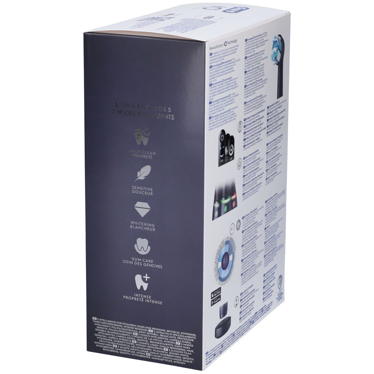Confezione con caratteristiche del prodotto. Marchio Oral-B iO Series 7s. 5 modalità smart. Per denti puliti, gengive delicate, sbiancamento.