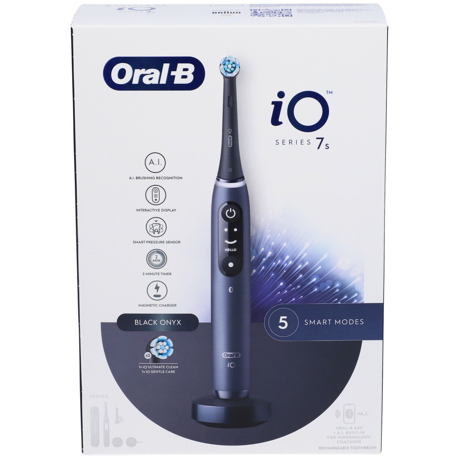 Spazzolino nella confezione. Marchio Oral-B iO Series 7s. Colore Onyx nero. 5 modalità smart. Con stazione di ricarica e accessori.