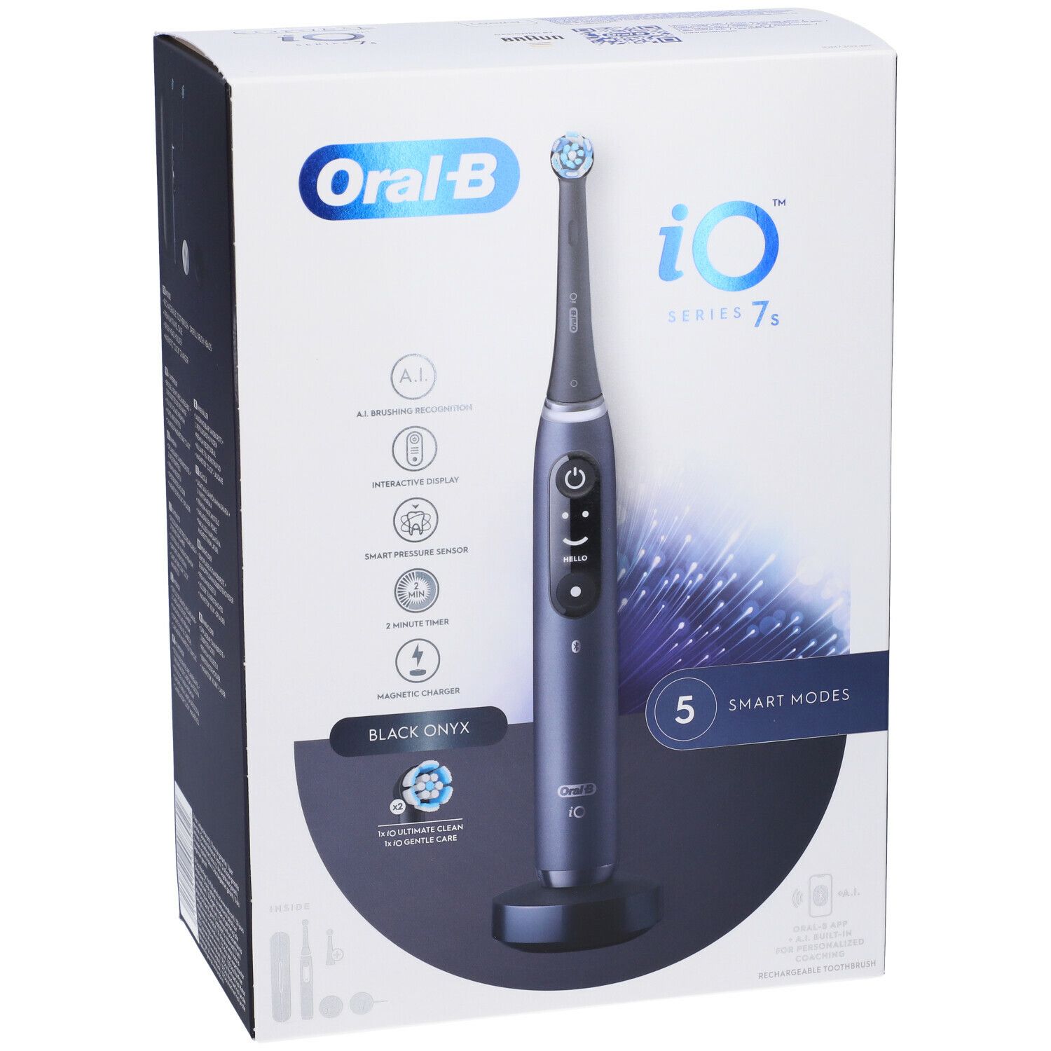 Spazzolino nella confezione. Marchio Oral-B iO Series 7s. Colore Onyx nero. 5 modalità smart. Con stazione di ricarica e accessori.