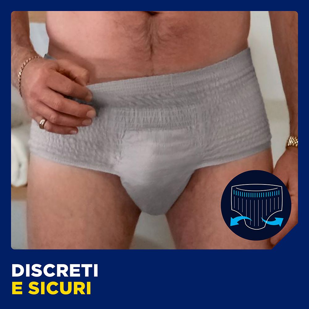 Graue TENA MEN Pants. Blaue Grafik mit Pfeilen. Text: Discreti e sicuri.