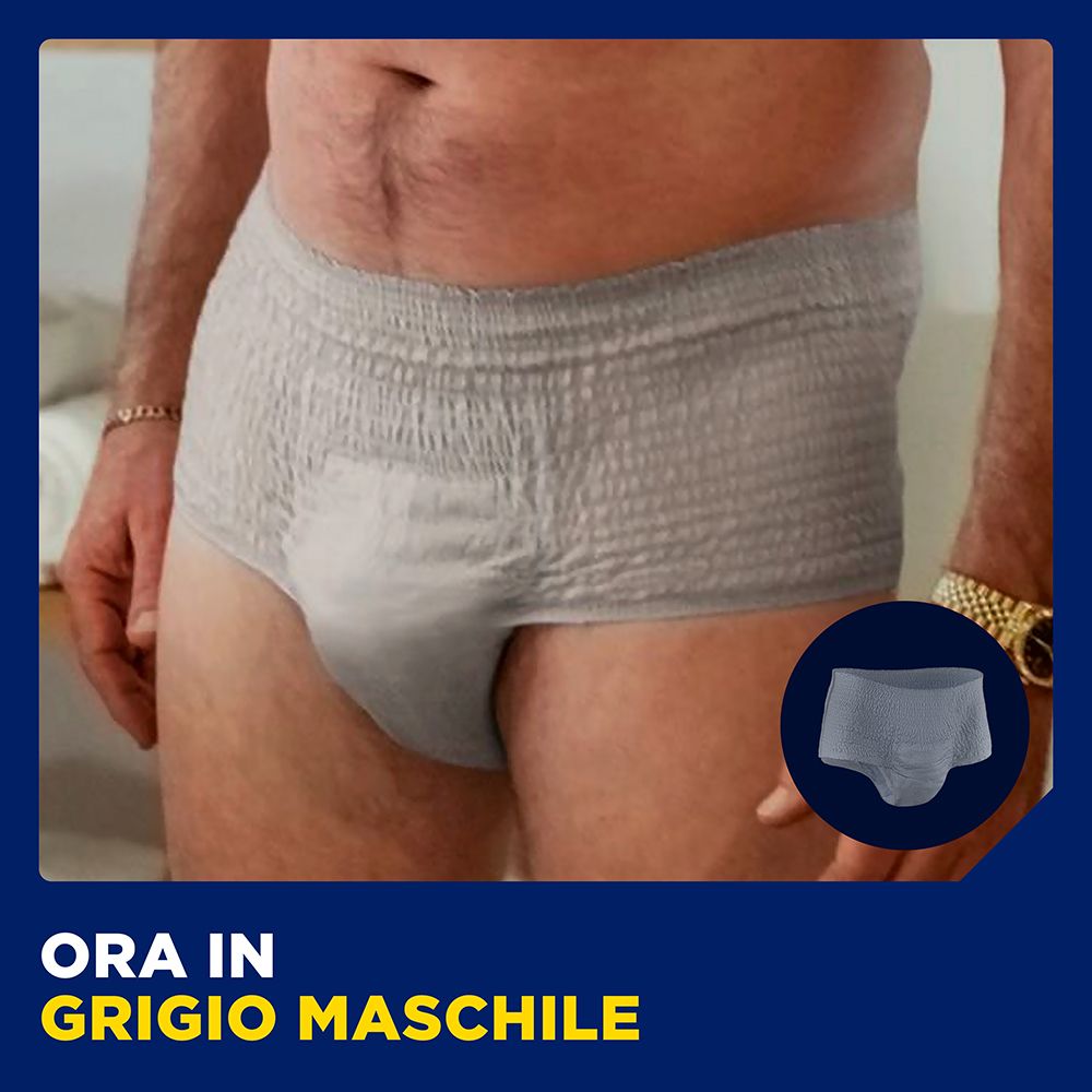 Graue TENA MEN Pants. Text: Ora in grigio maschile.