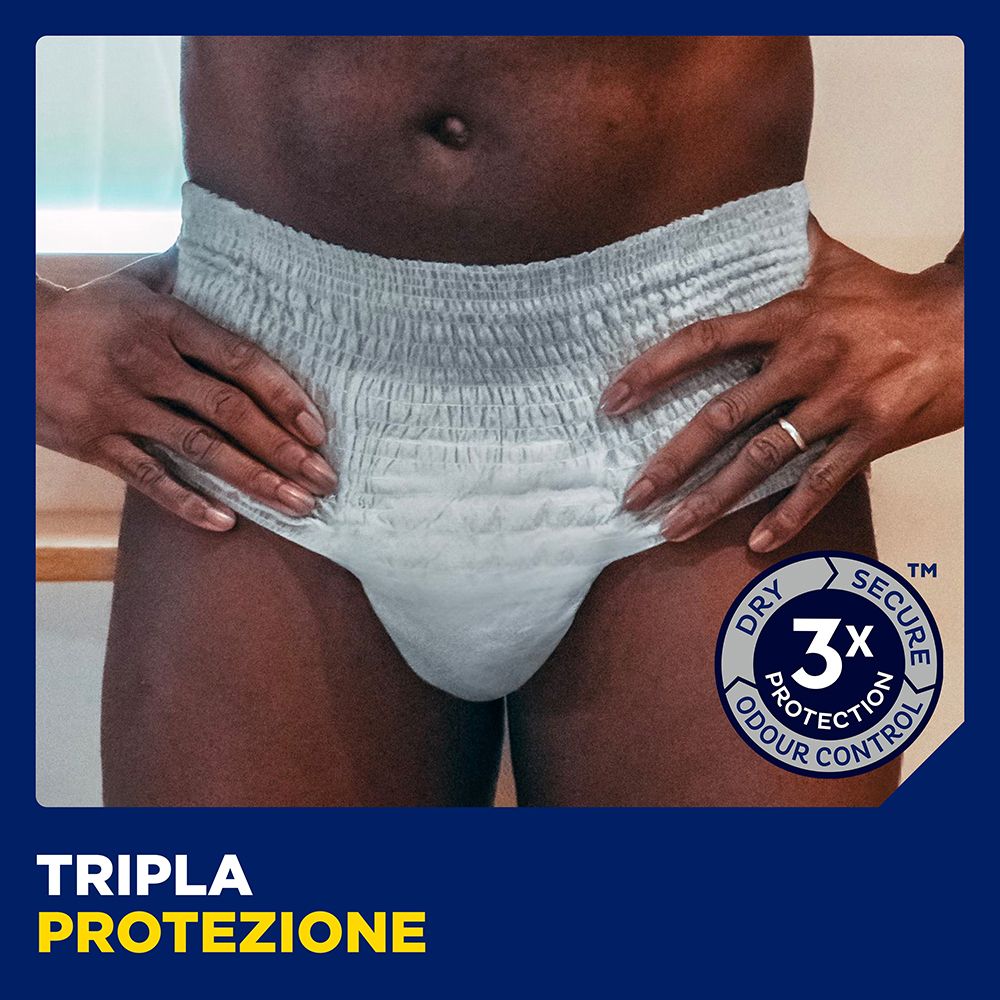 Graue TENA MEN Pants. 3x Schutz-Logo. Text: Tripla protezione.