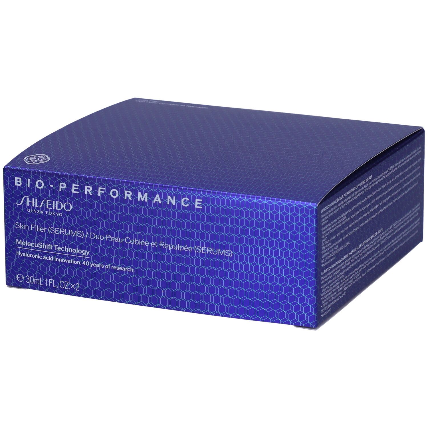 Scatola blu-viola con informazioni sul prodotto. Scritta: BIO-PERFORMANCE, SHISEIDO. Contiene Skin Filler (SERUMS).