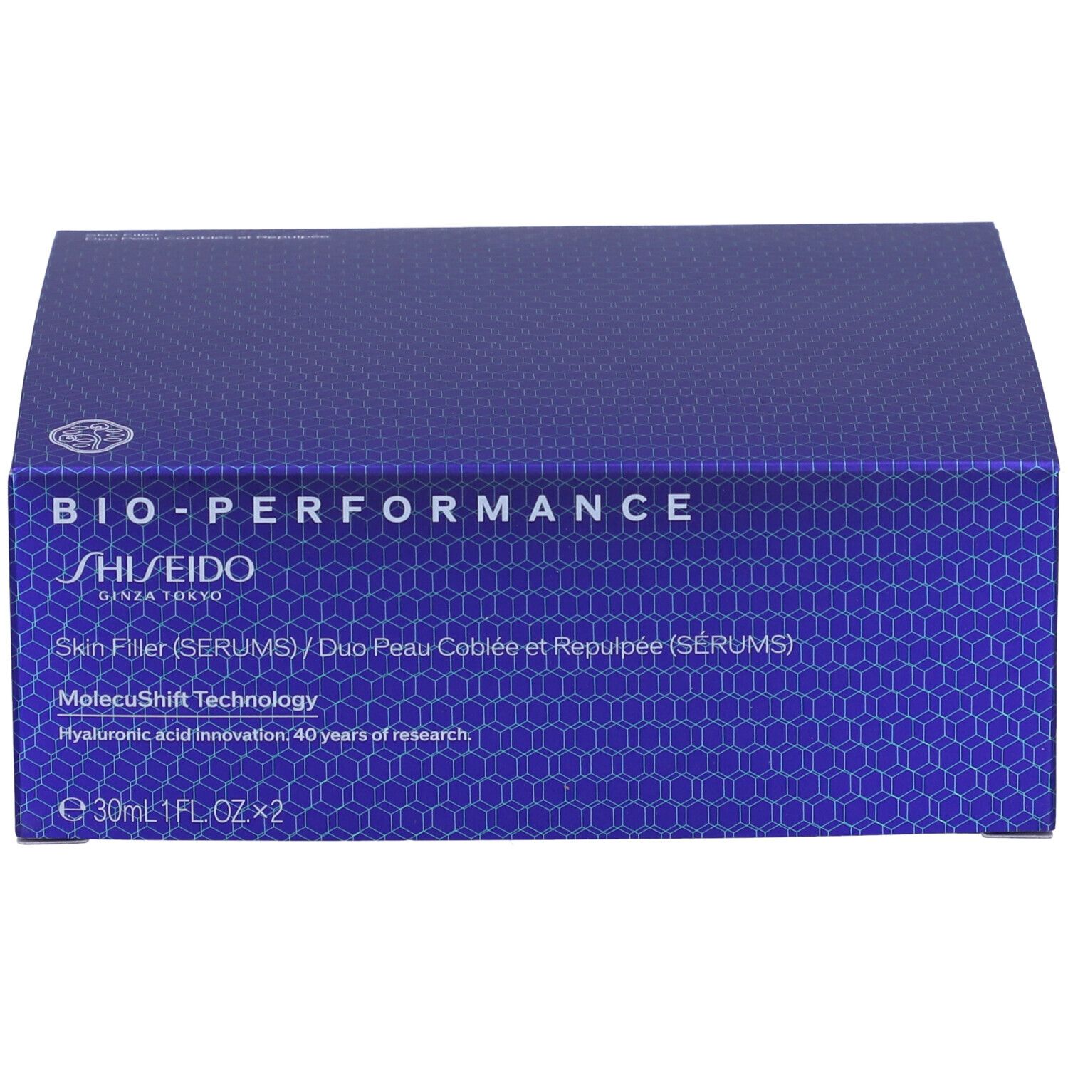 Scatola blu-viola con informazioni sul prodotto. Scritta: BIO-PERFORMANCE, SHISEIDO. Contiene Skin Filler (SERUMS).