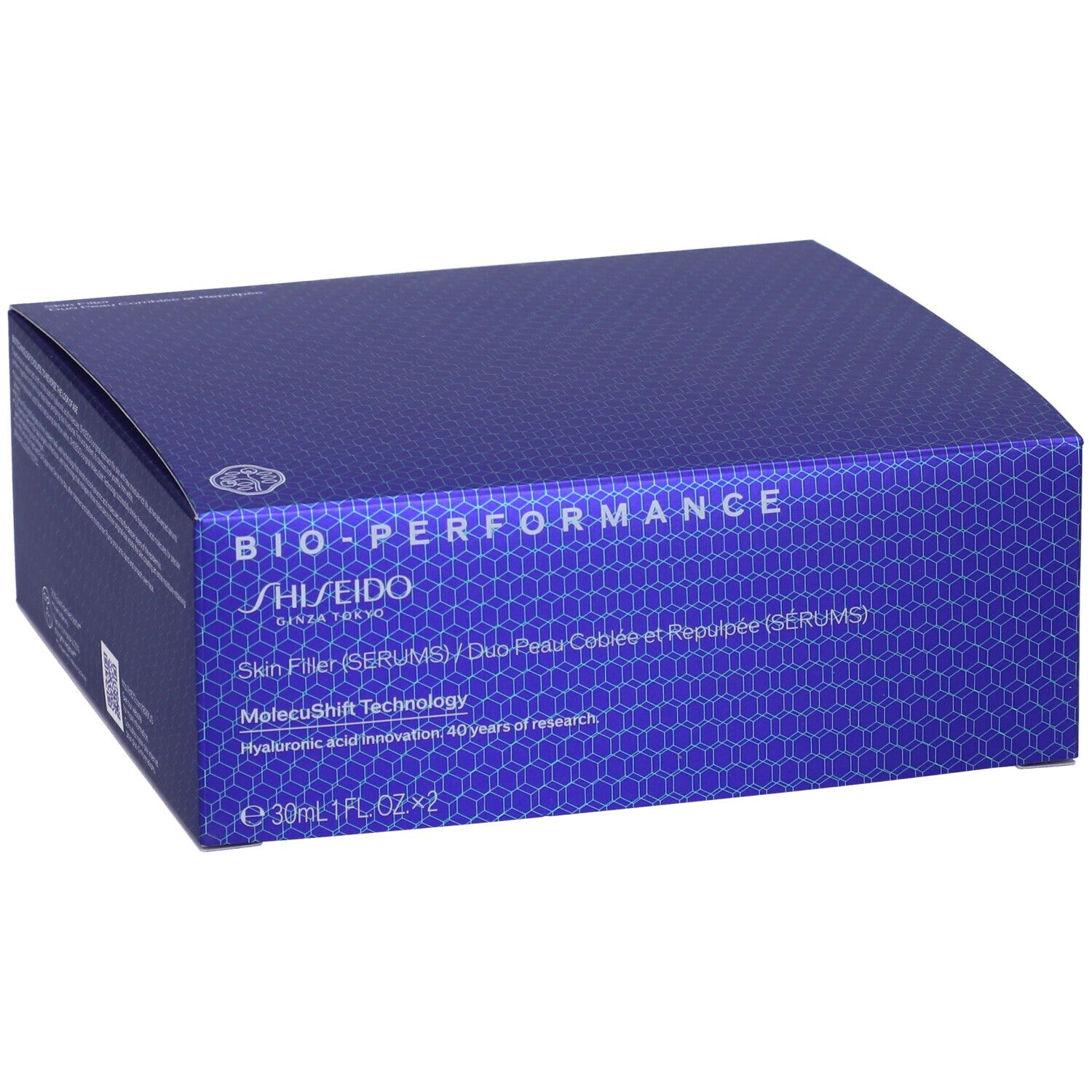 Scatola blu-viola con informazioni sul prodotto. Scritta: BIO-PERFORMANCE, SHISEIDO. Contiene Skin Filler (SERUMS).