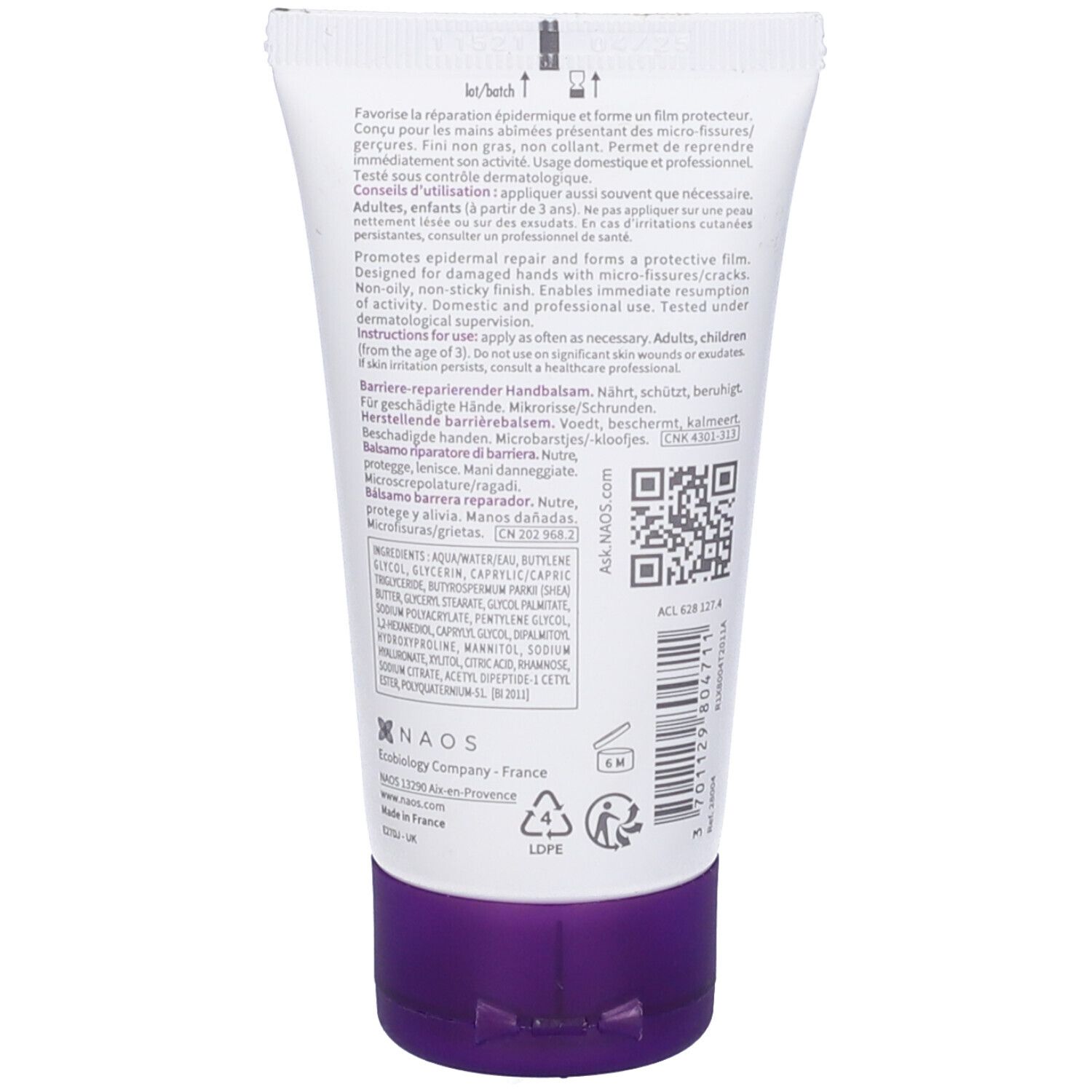 Retro del tubo. Testo multilingue, tra cui francese, inglese e tedesco. Codice QR e loghi.