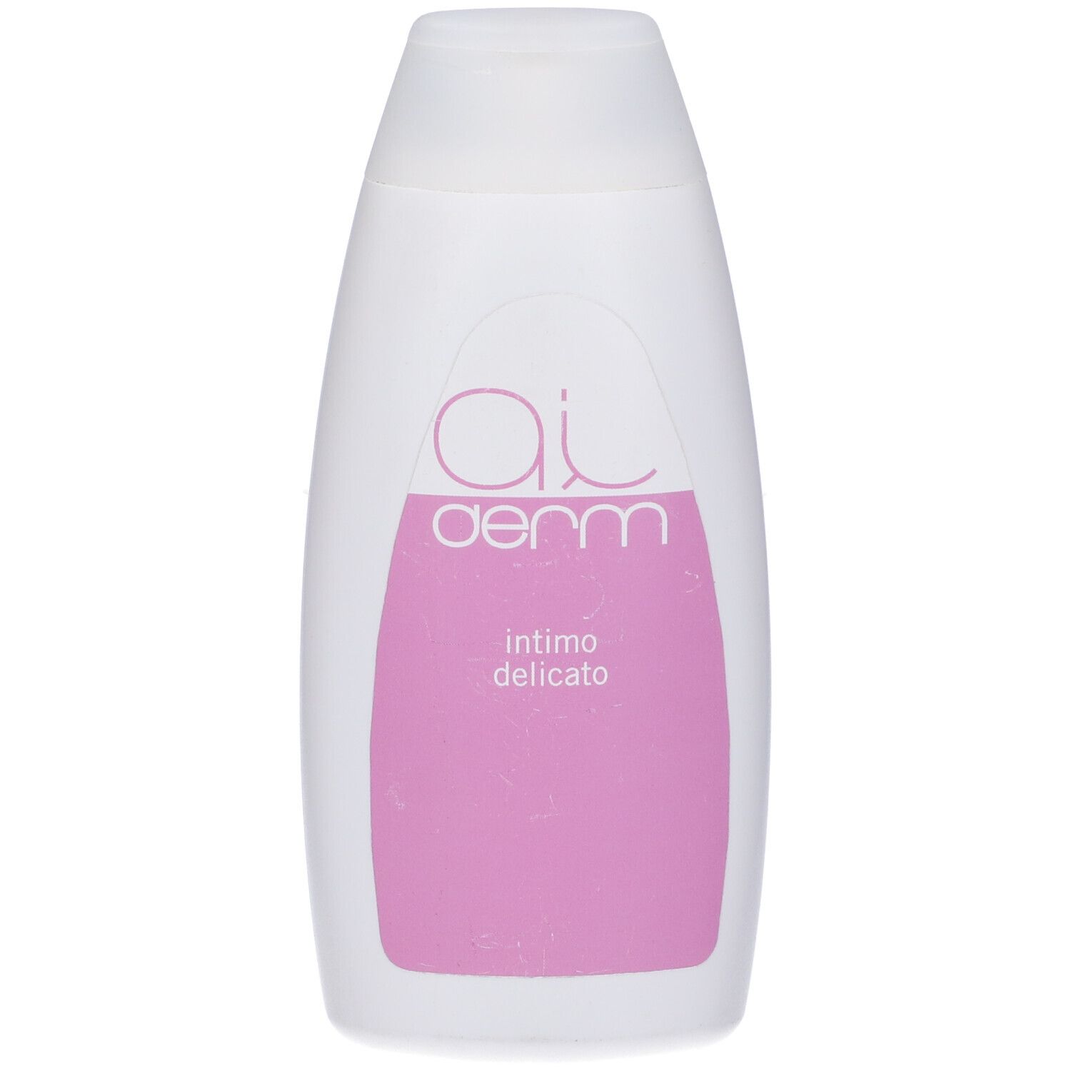 Flacone bianco con etichetta rosa. Scritta: Aiderm, Intimo Delicato.