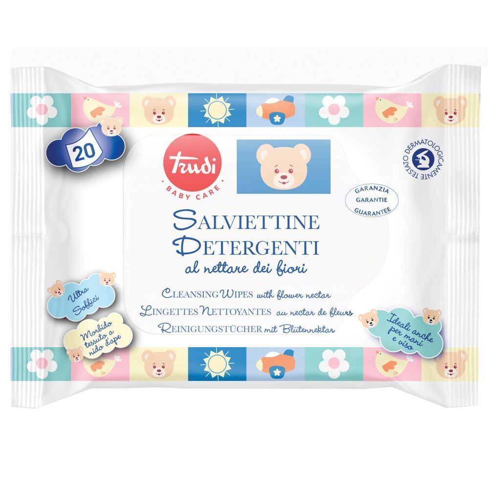 Confezione bianca con "Trudi Baby Care" e "Salviettine Detergenti al nettare dei fiori". 20 pezzi. Dermatologicamente testato.