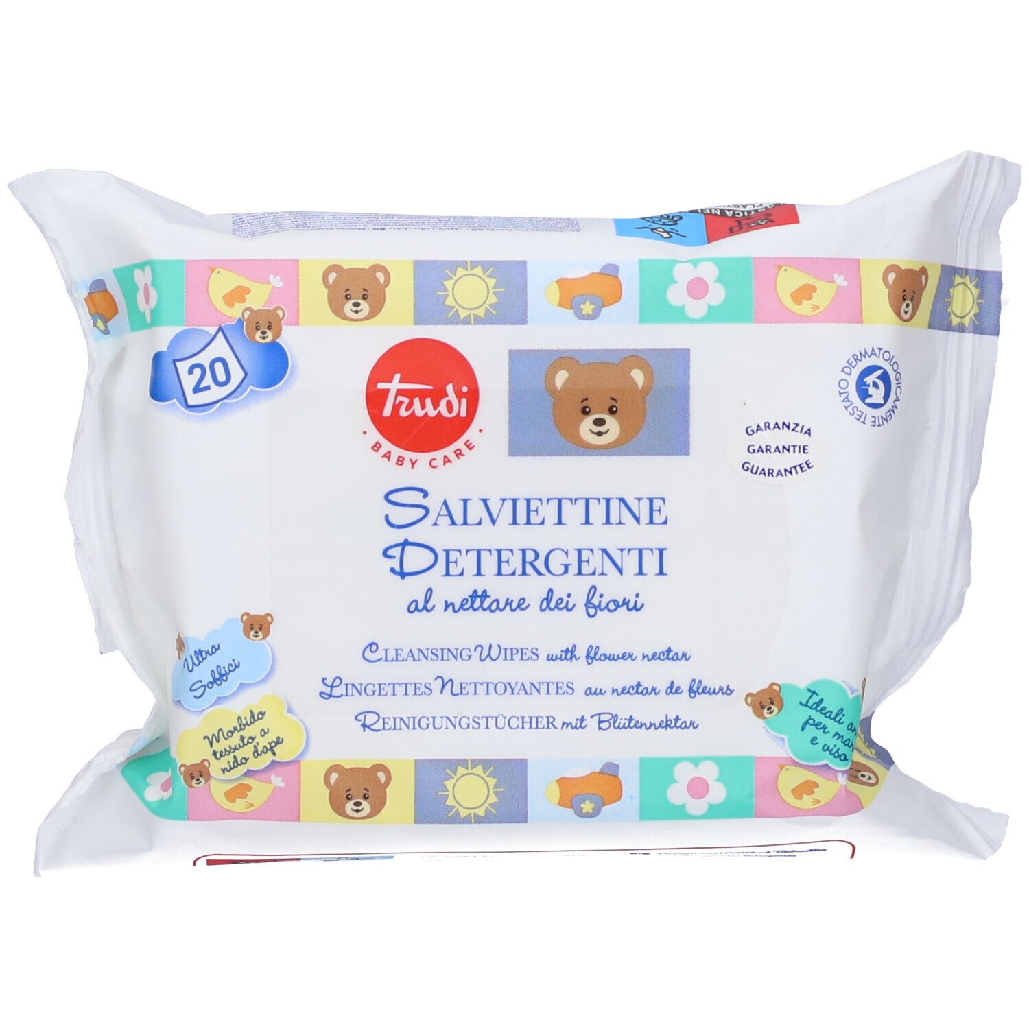 Confezione bianca con "Trudi Baby Care" e "Salviettine Detergenti al nettare dei fiori". 20 pezzi. Dermatologicamente testato.