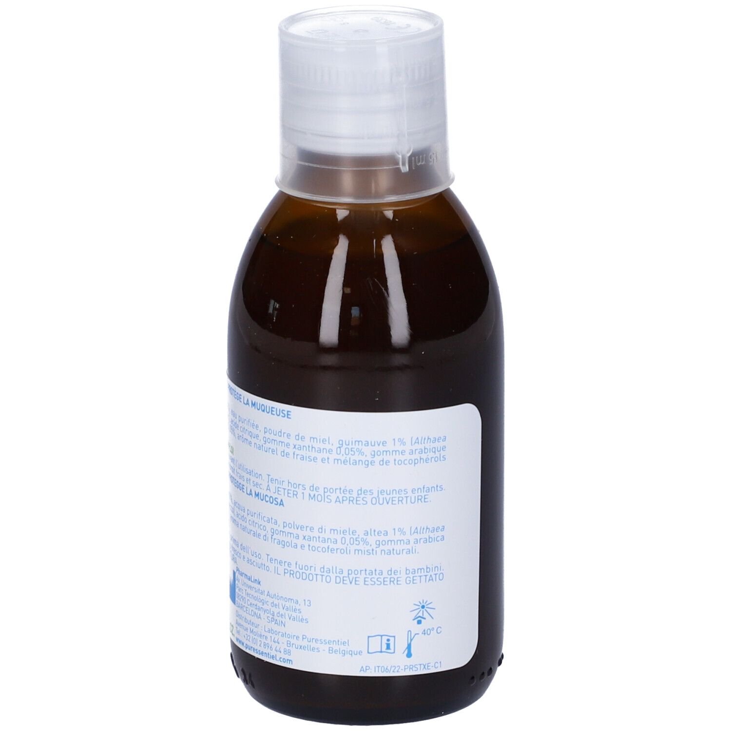 Flacone marrone con tappo bianco. Retro con ingredienti e informazioni. Per bambini.