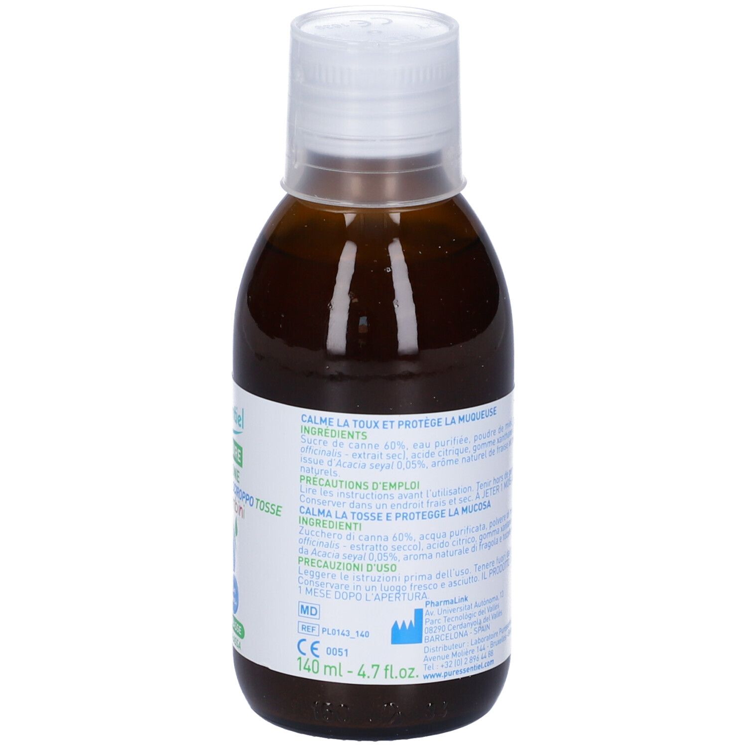 Flacone marrone con tappo bianco. Etichetta con precauzioni e ingredienti. Per bambini.