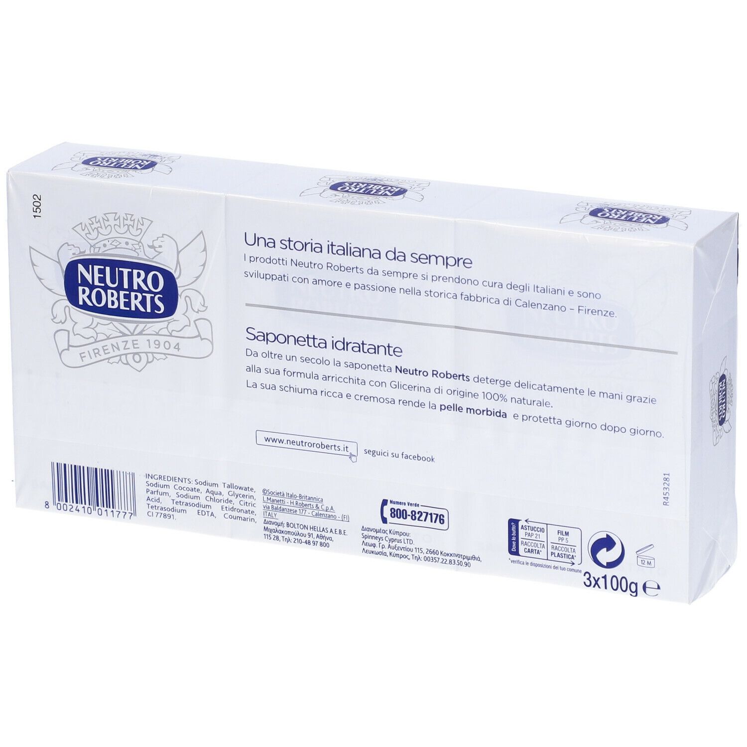 Retro confezione Neutro Roberts con testo. Contiene 3x100g di sapone.
