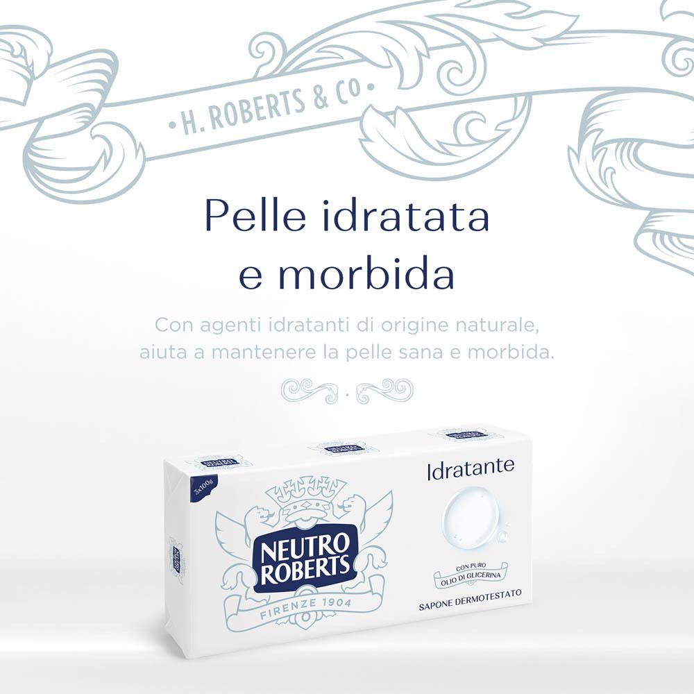 Neutro Roberts Seife, weißer Karton, mit Logo und Produktinformationen.