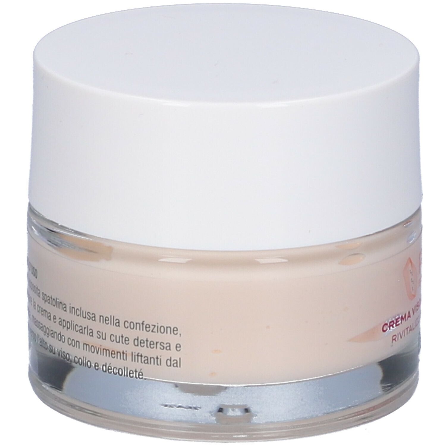 Vasetto di crema con coperchio bianco. Scritta: Creme Viso Rivitalizzante. Crema chiara, color crema visibile.