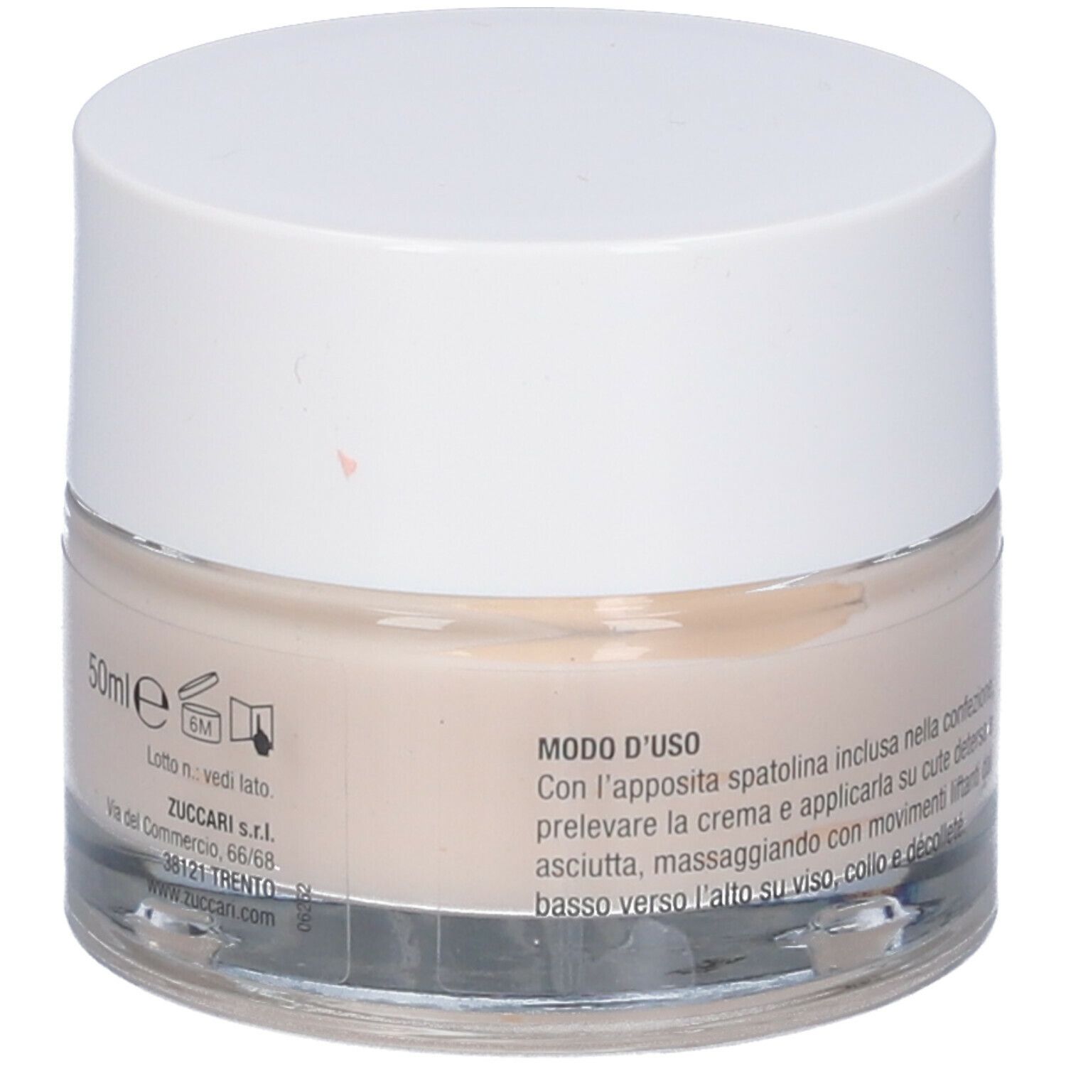 Vasetto di crema con coperchio bianco. Scritta: 50ml, ZUCCARI. Crema chiara, color crema visibile.