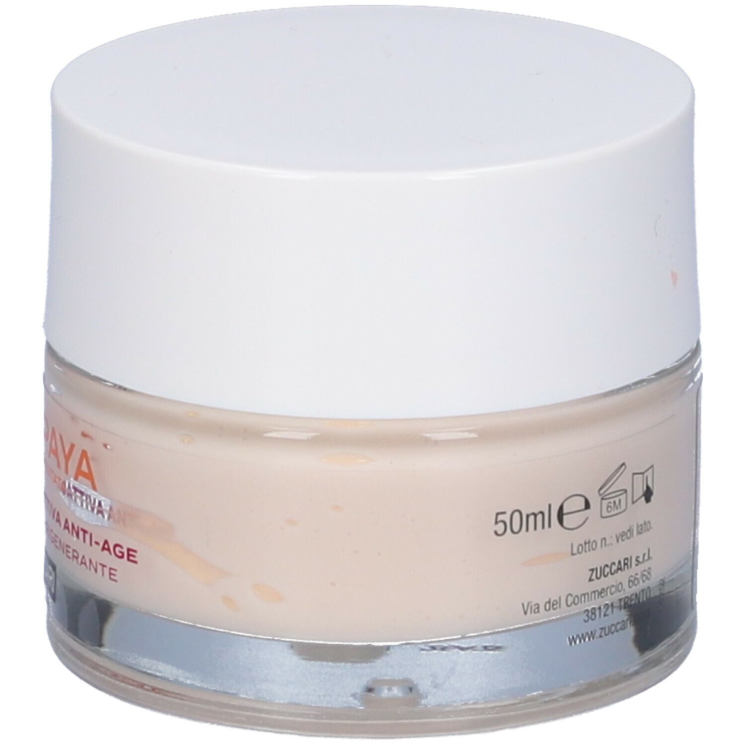 Vasetto di crema con coperchio bianco. Scritta: PAPAYA, Creme Viso Bioattiva Anti-Age, 50ml, ZUCCARI. Crema chiara, color crema visibile.