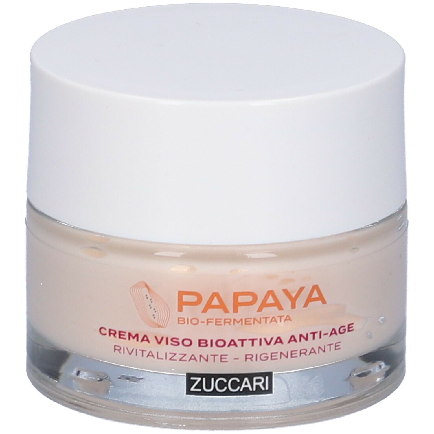 Vasetto di crema con coperchio bianco. Scritta: PAPAYA, Creme Viso Bioattiva Anti-Age, ZUCCARI. Crema chiara, color crema visibile.