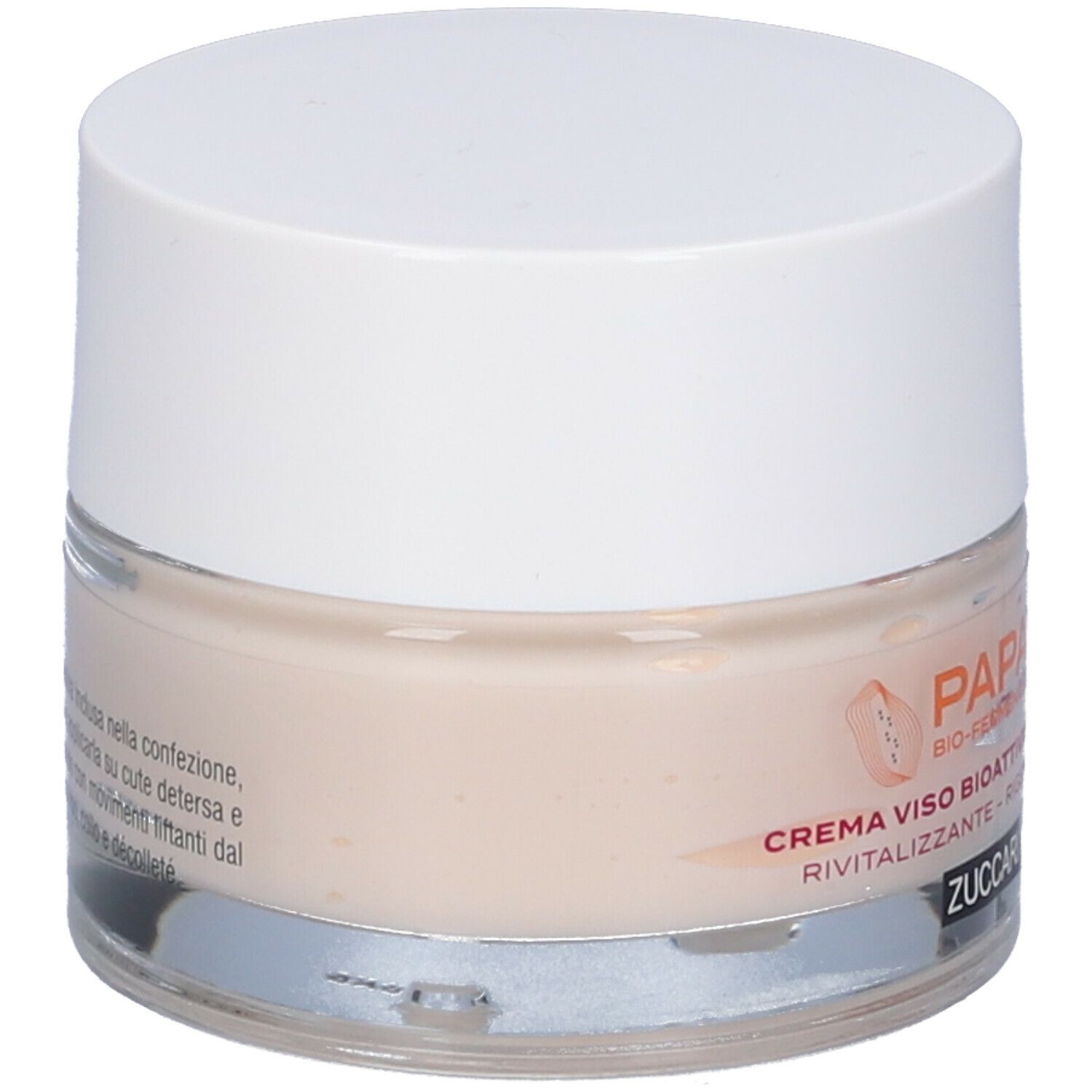 Vasetto di crema con coperchio bianco. Scritta: Creme Viso Bioattiva Anti-Age, ZUCCARI. Crema chiara, color crema visibile.