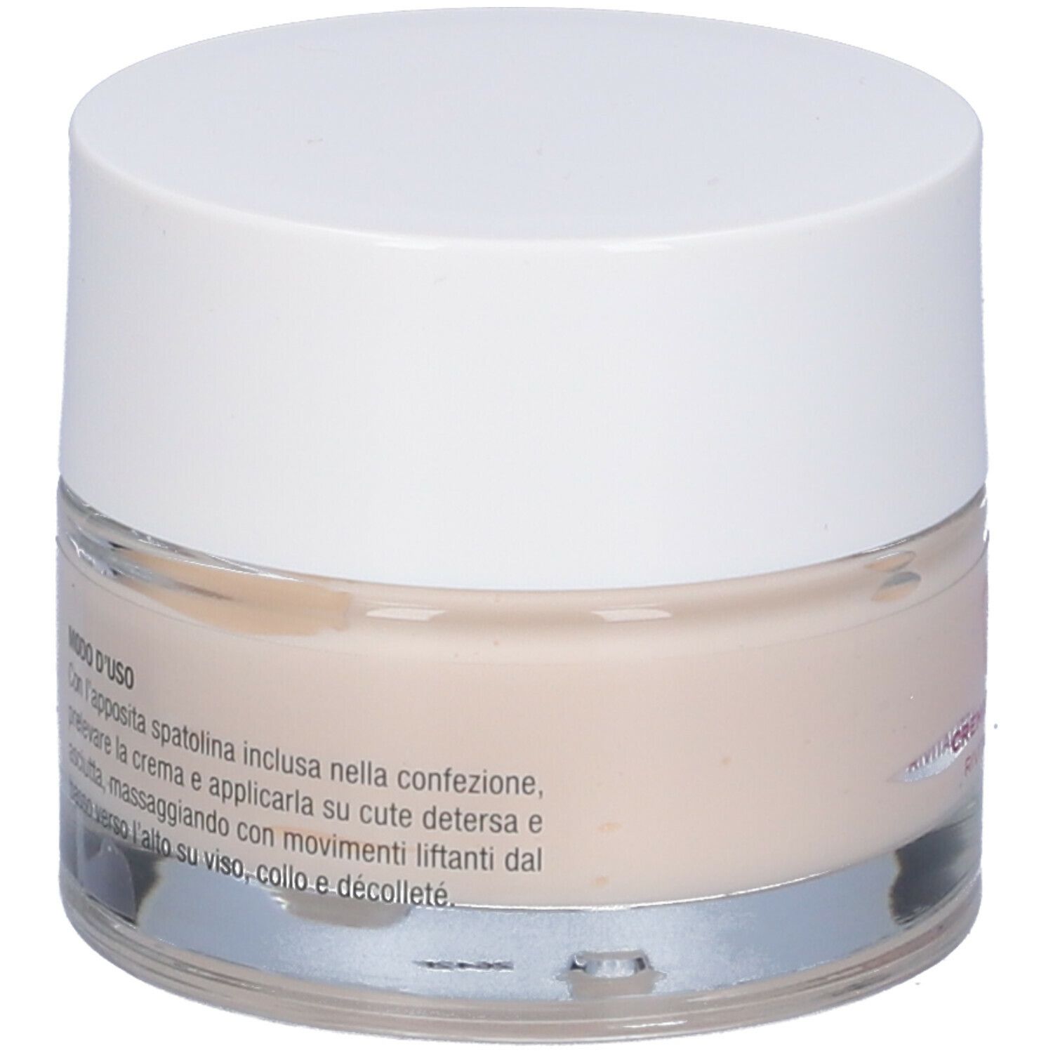 Vasetto di crema con coperchio bianco. Scritta: Creme Viso Bioattiva Anti-Age, ZUCCARI. Crema chiara, color crema visibile.