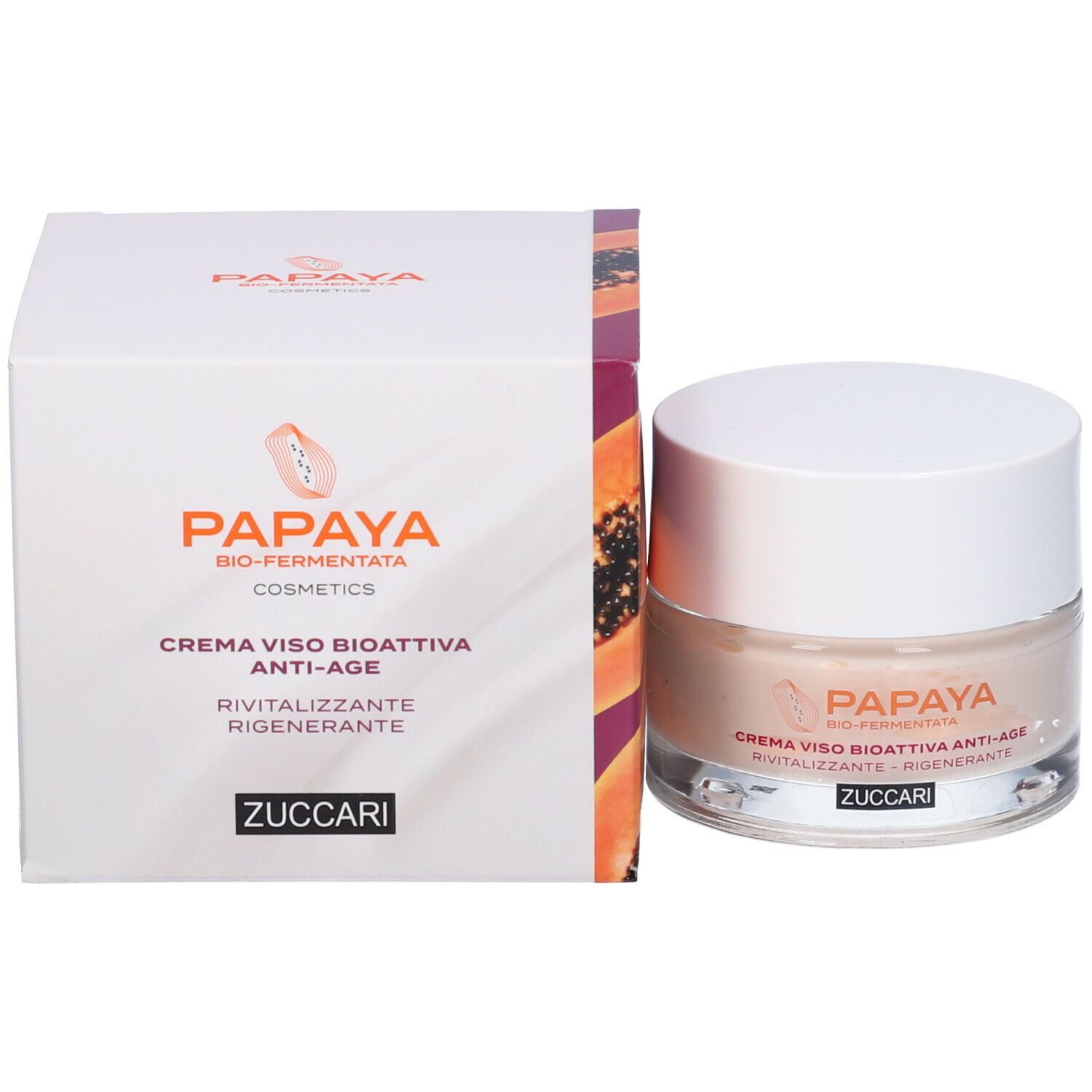Vasetto di crema con coperchio bianco e confezione. Scritta: PAPAYA, Creme Viso Bioattiva Anti-Age, ZUCCARI.