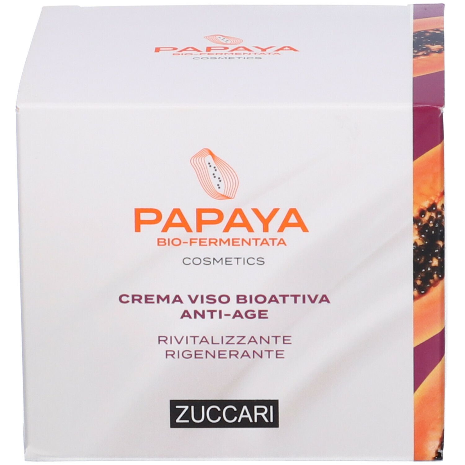 Confezione. Scritta: PAPAYA, Creme Viso Bioattiva Anti-Age, ZUCCARI.