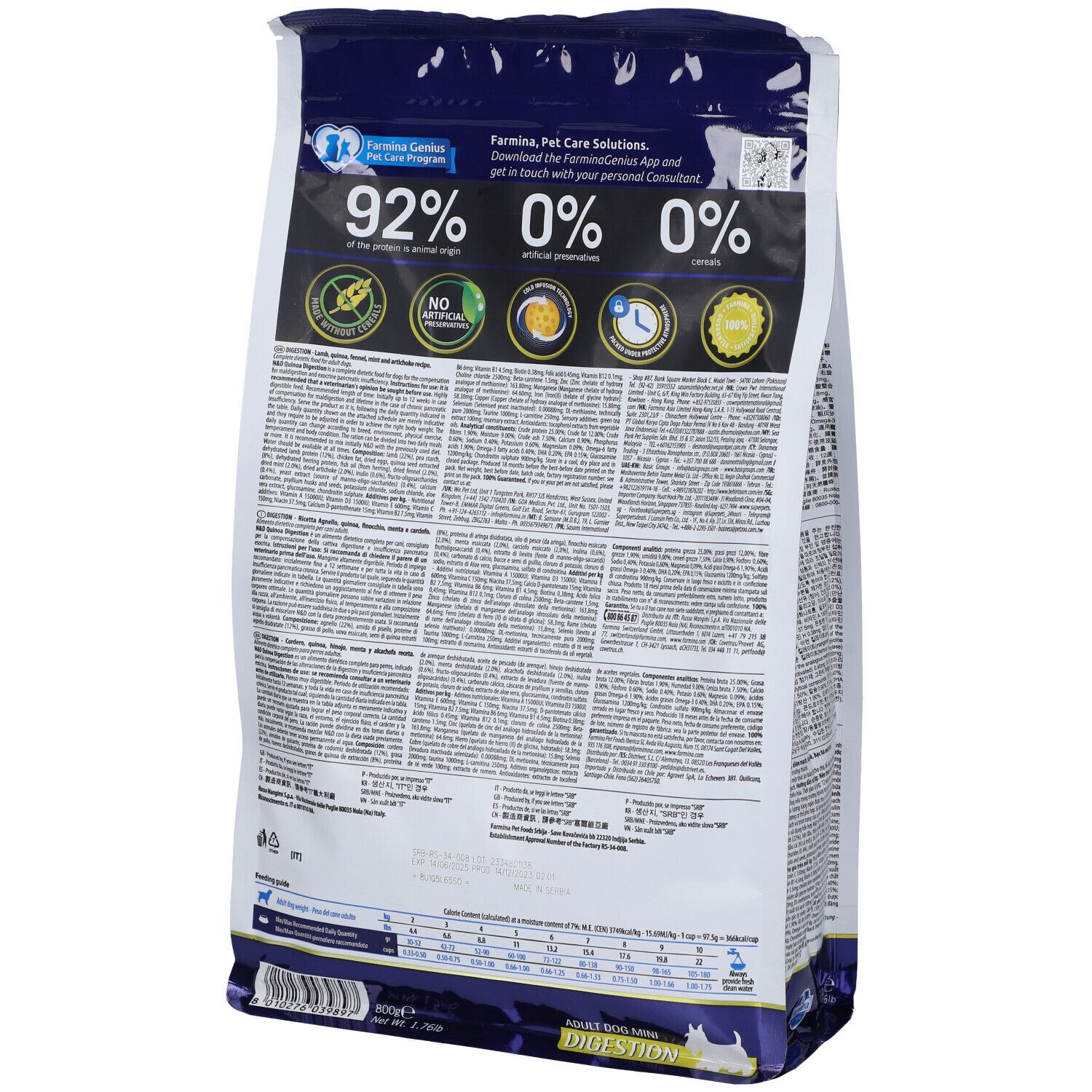 Rückseite der Trockenfutter-Verpackung. Text in mehreren Sprachen. Logos und Informationen zu Inhaltsstoffen und Nährwerten.