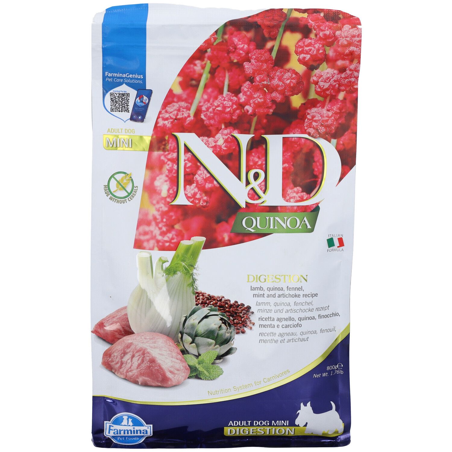 Trockenfutter-Verpackung. Aufdruck: N&D Quinoa, Zutaten, Logo Farmina. Abbildung von Zutaten: Fleisch, Fenchel, Artischocke.