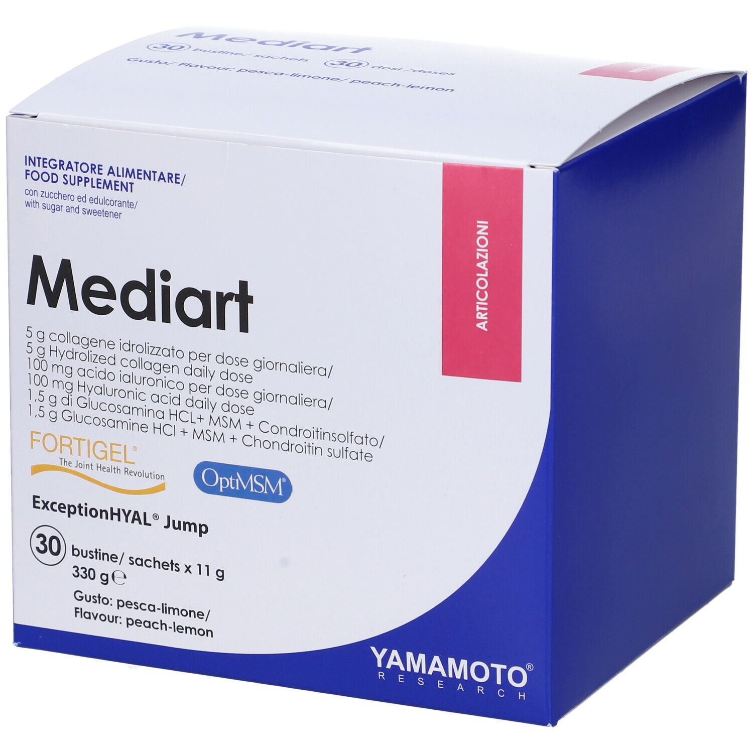 Confezione Mediart. Contiene 30 bustine. Contiene collagene, acido ialuronico, glucosamina. Marchio Yamamoto Research.