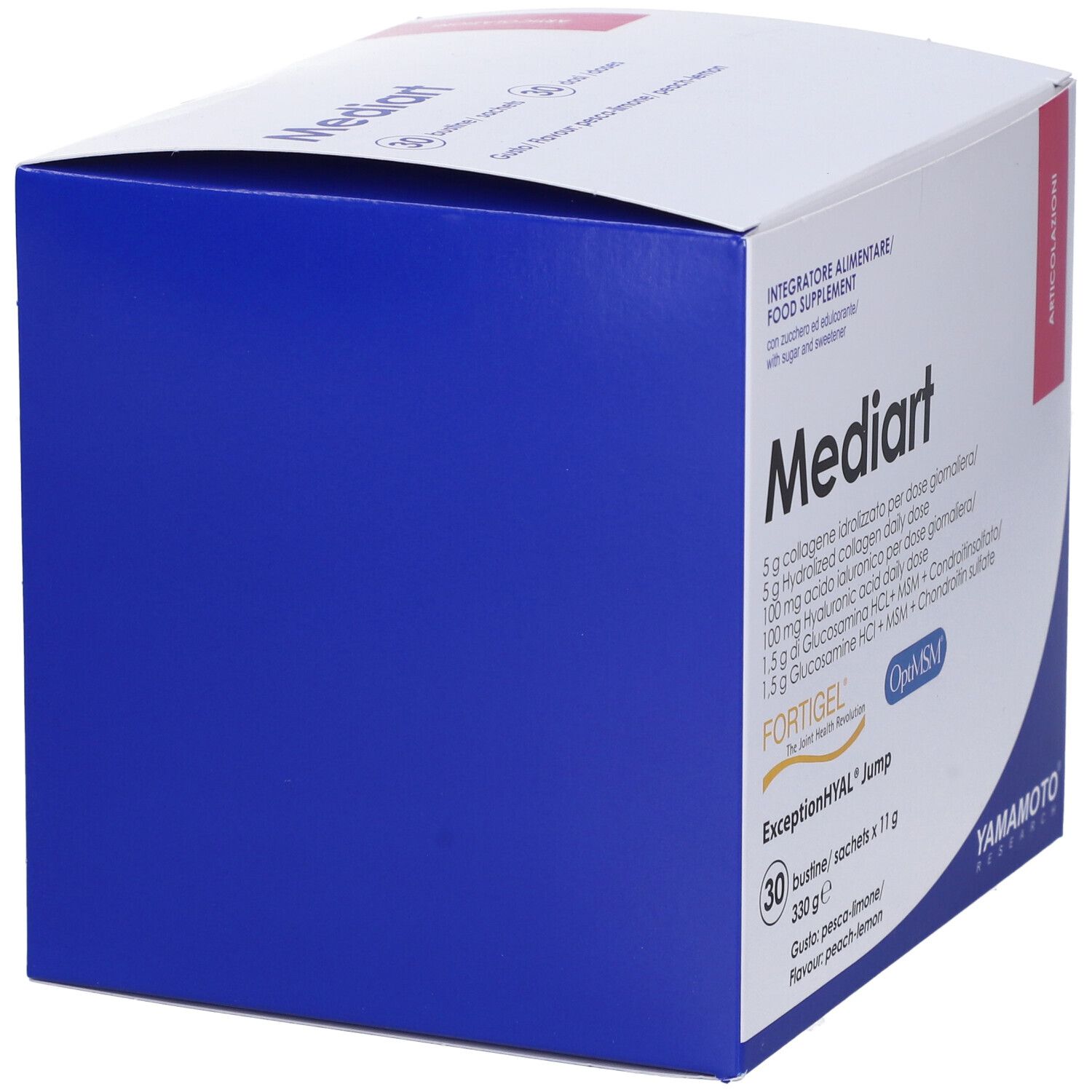 Scatola Mediart, blu e bianca. Contiene 30 bustine. Marchio Yamamoto Research. Testo: Articolazioni.