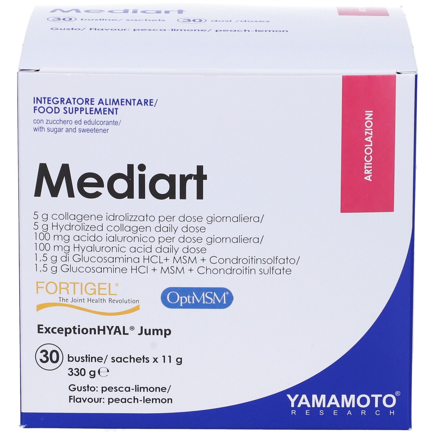 Confezione Mediart. Contiene 30 bustine. Contiene collagene, acido ialuronico, glucosamina. Marchio Yamamoto Research.