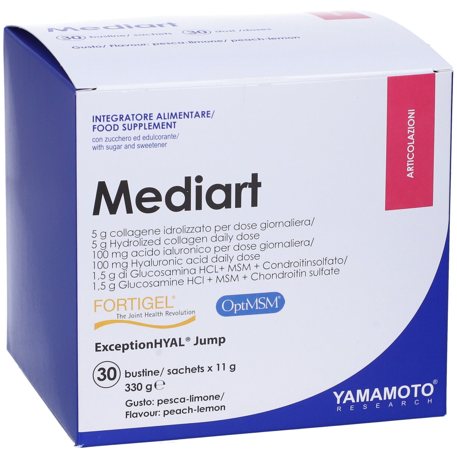 Confezione Mediart. Contiene 30 bustine. Contiene collagene, acido ialuronico, glucosamina. Marchio Yamamoto Research.
