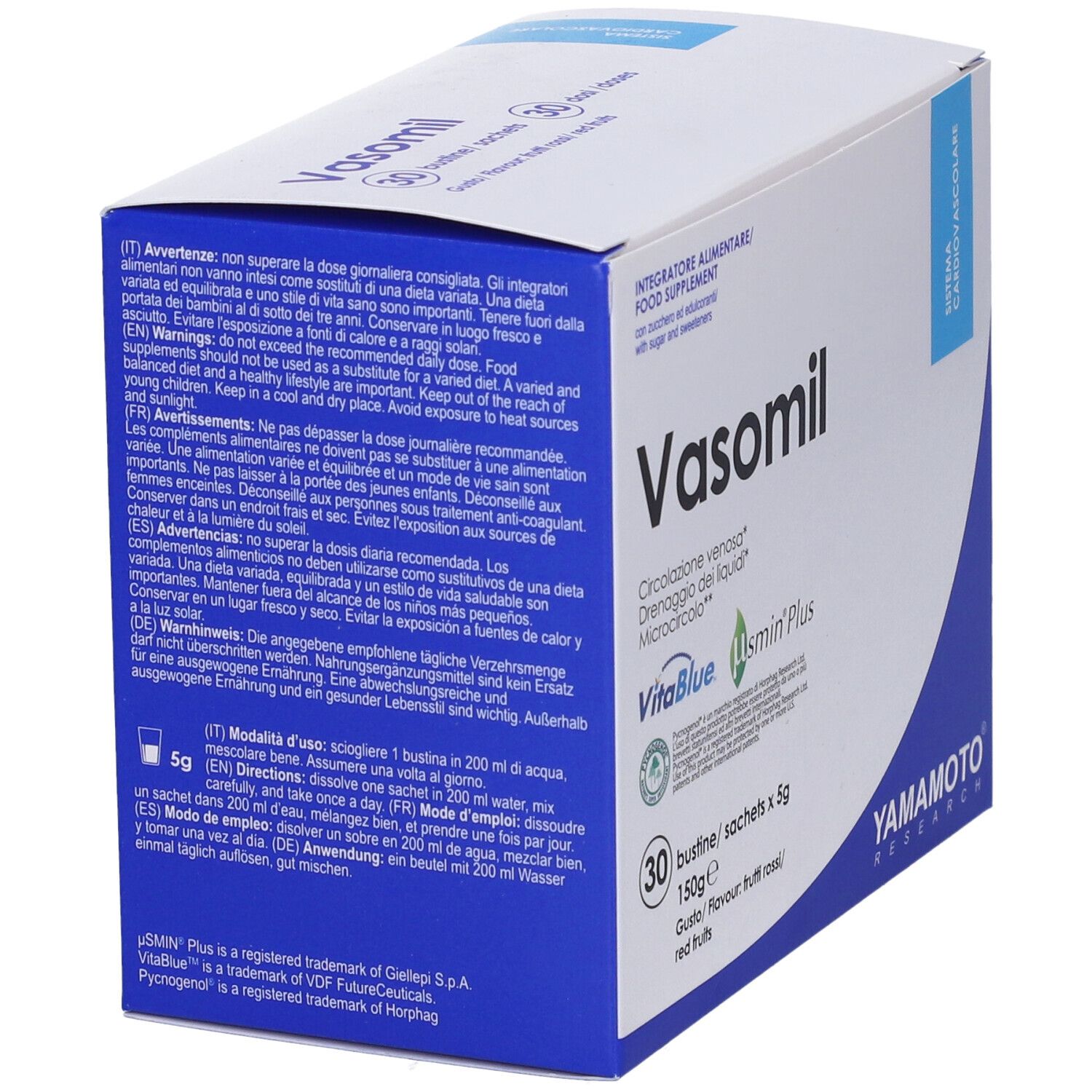 Scatola 'Vasomil' con testo multilingue. Contiene 30 bustine. Marchio: Yamamoto Research.