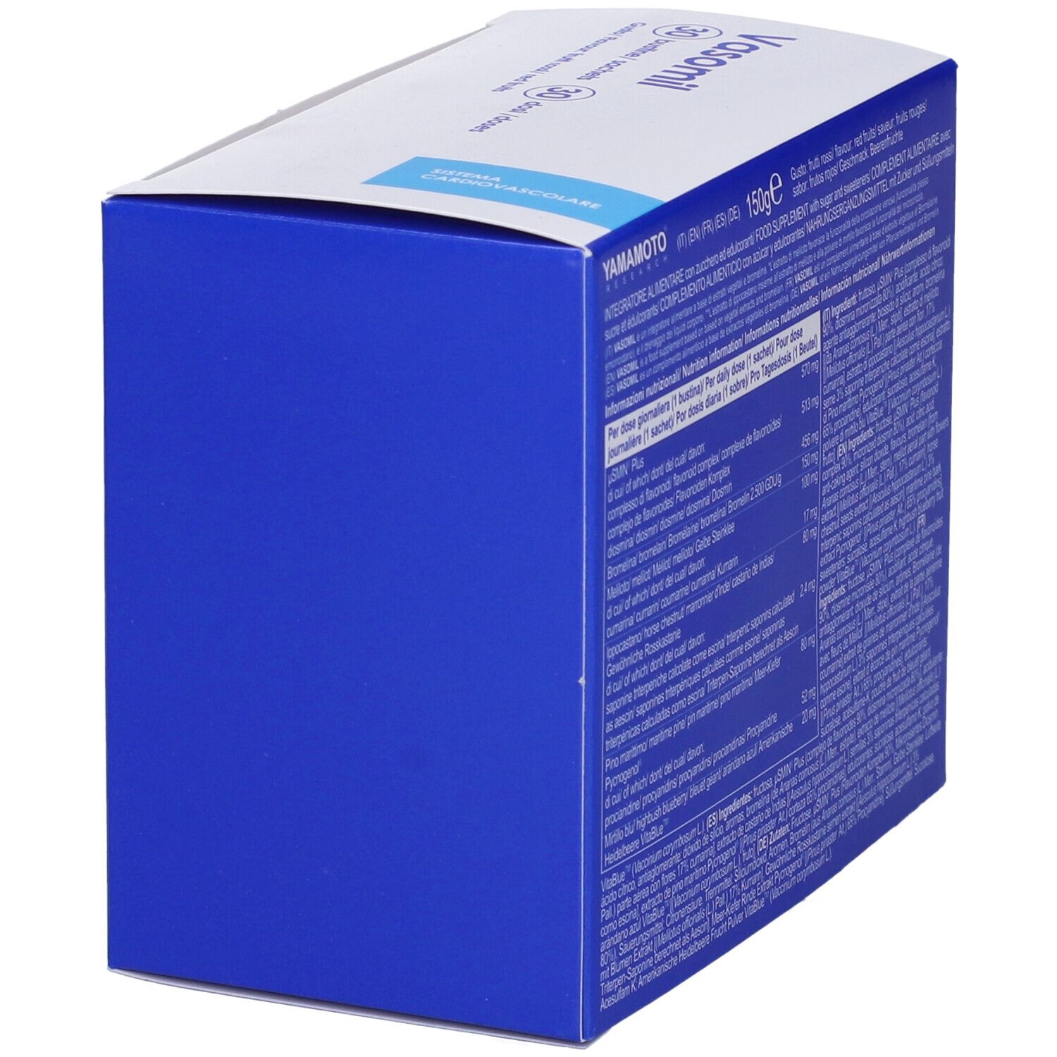 Scatola blu con testo. Marchio: Yamamoto Research. Contiene 'Vasomil'.