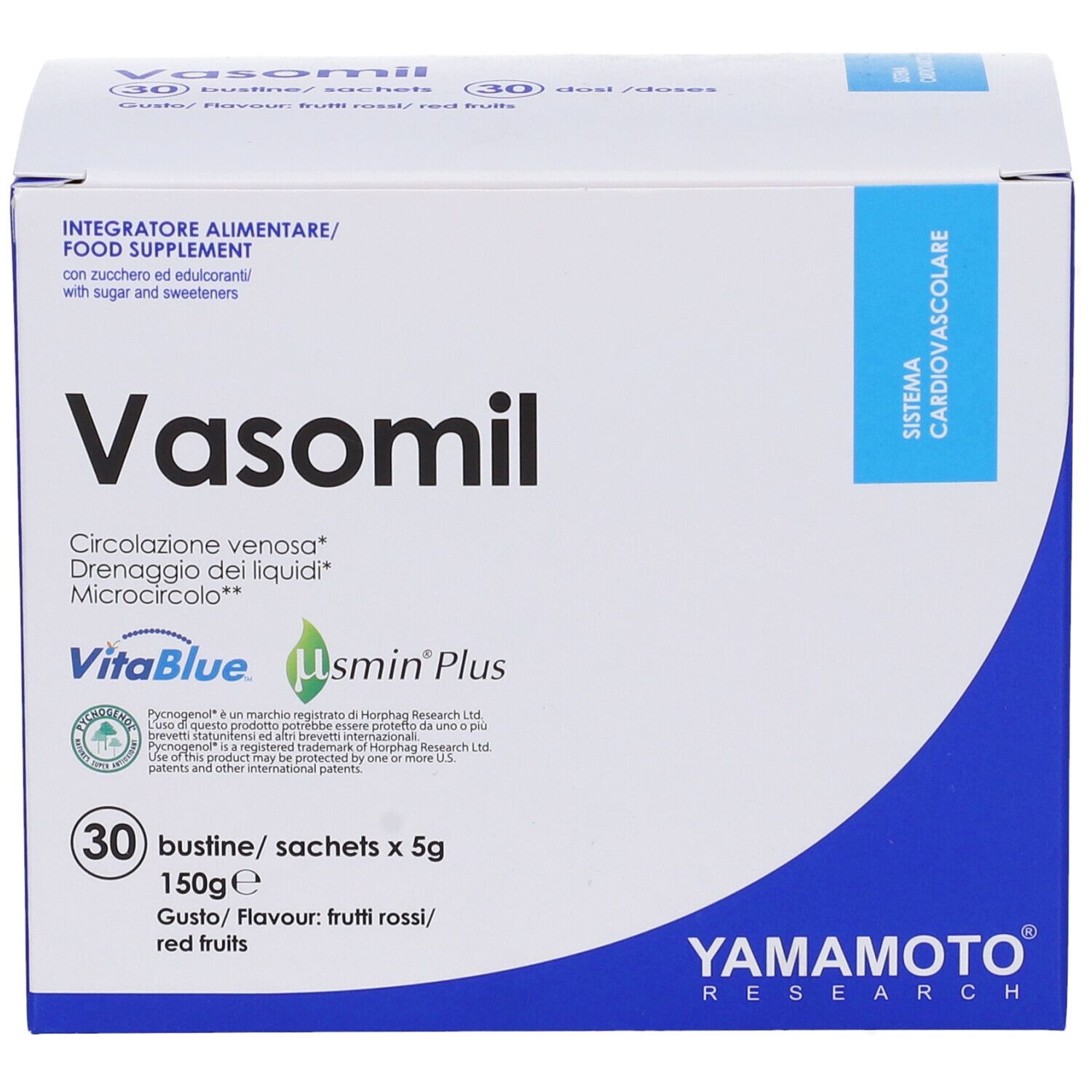 Scatola bianca e blu con 'Vasomil'. Contiene 30 bustine. Marchio: Yamamoto Research.