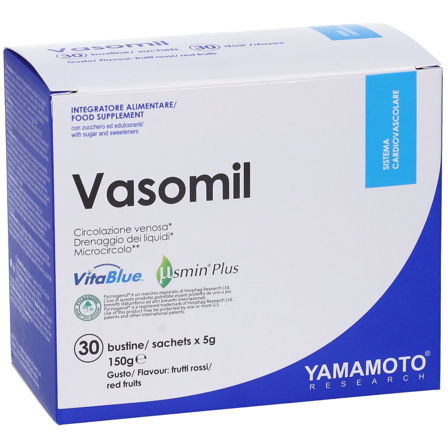 Scatola bianca e blu con 'Vasomil'. Contiene 30 bustine. Marchio: Yamamoto Research.