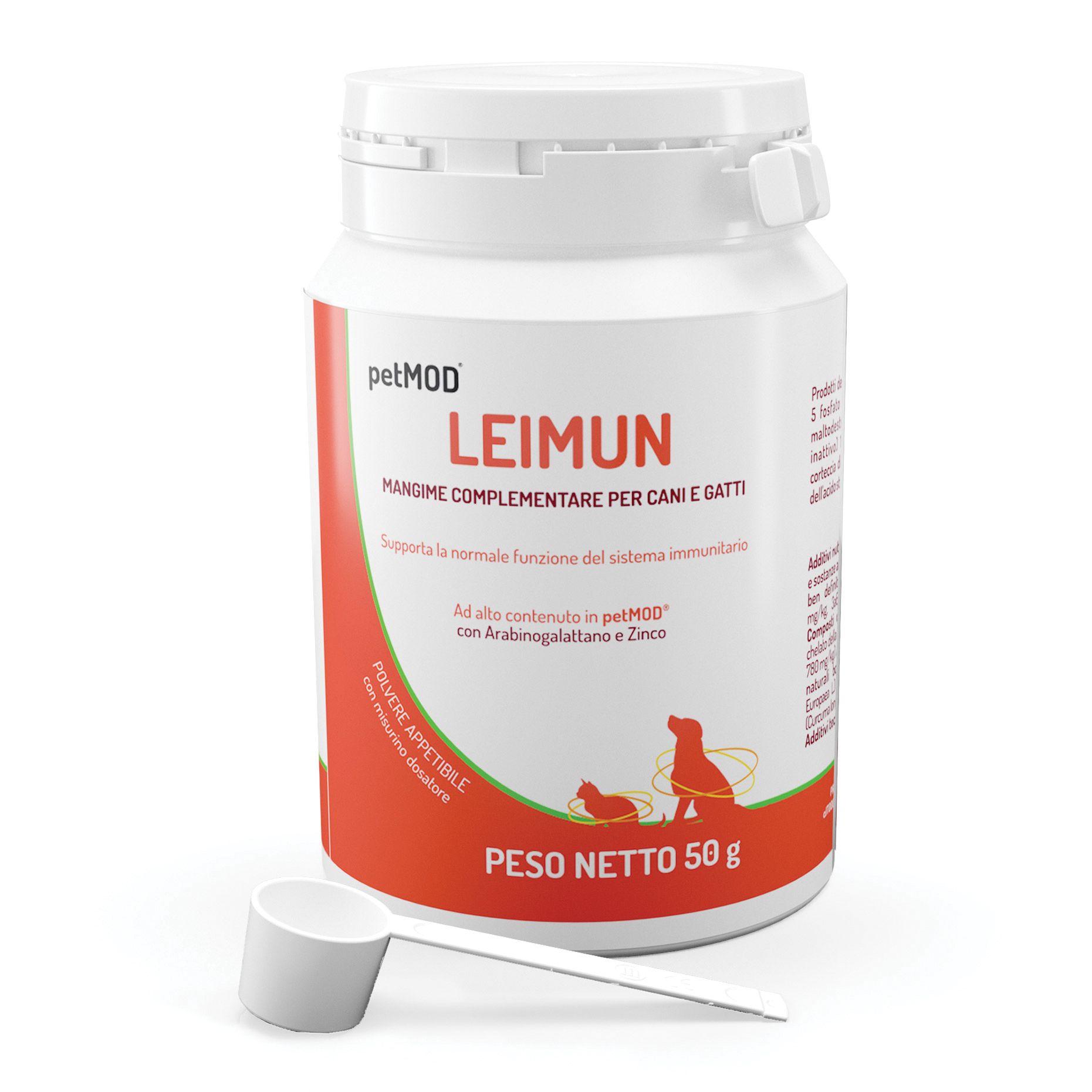 Barattolo bianco con etichetta rossa. Scritta: LEIMUN, mangime complementare per cani e gatti. Include un misurino.