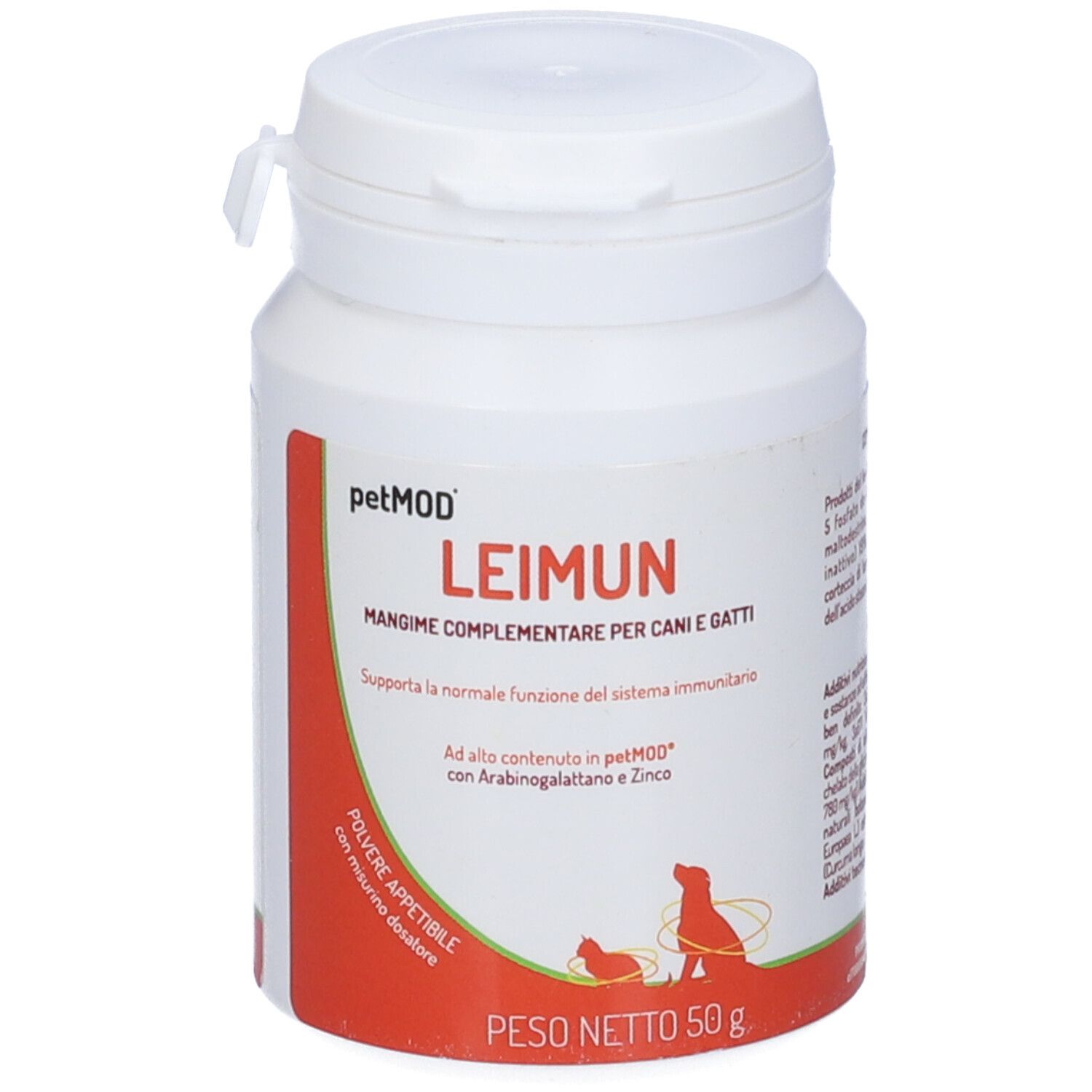 Barattolo bianco con etichetta rossa. Scritta: LEIMUN, mangime complementare per cani e gatti. Peso: 50 g.