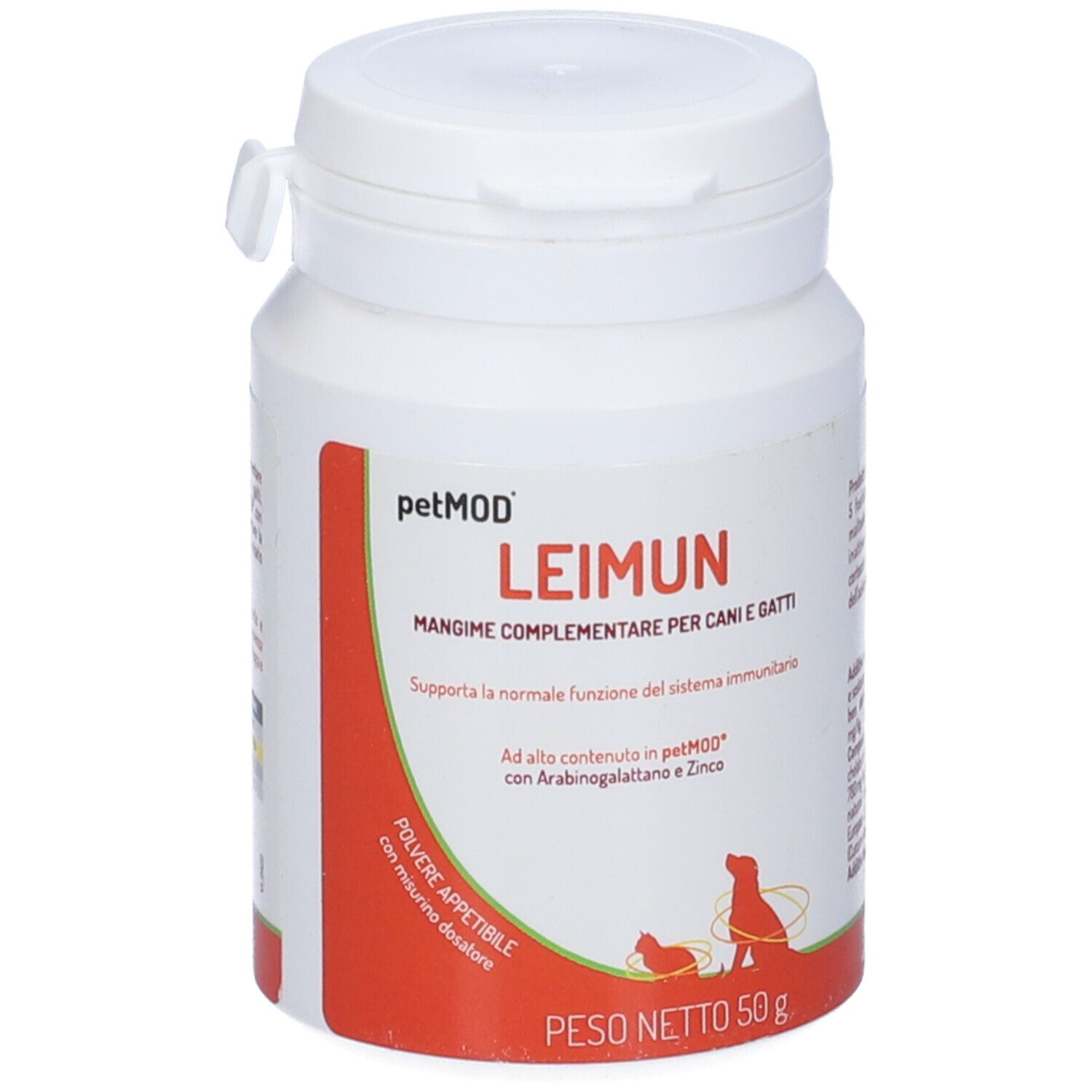 Barattolo bianco con etichetta rossa. Scritta: LEIMUN, mangime complementare per cani e gatti. Peso: 50 g.