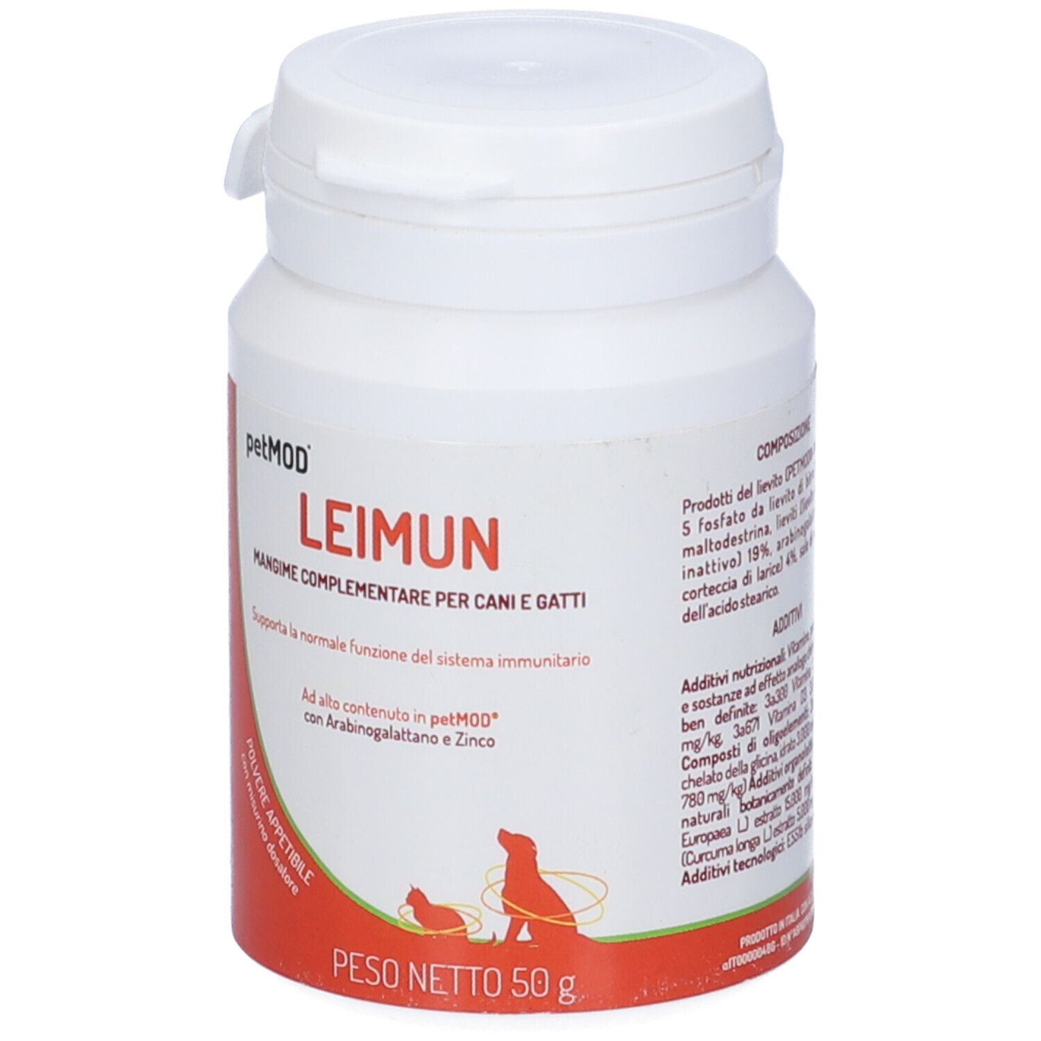 Barattolo bianco con etichetta rossa. Scritta: LEIMUN, mangime complementare per cani e gatti. Peso: 50 g.